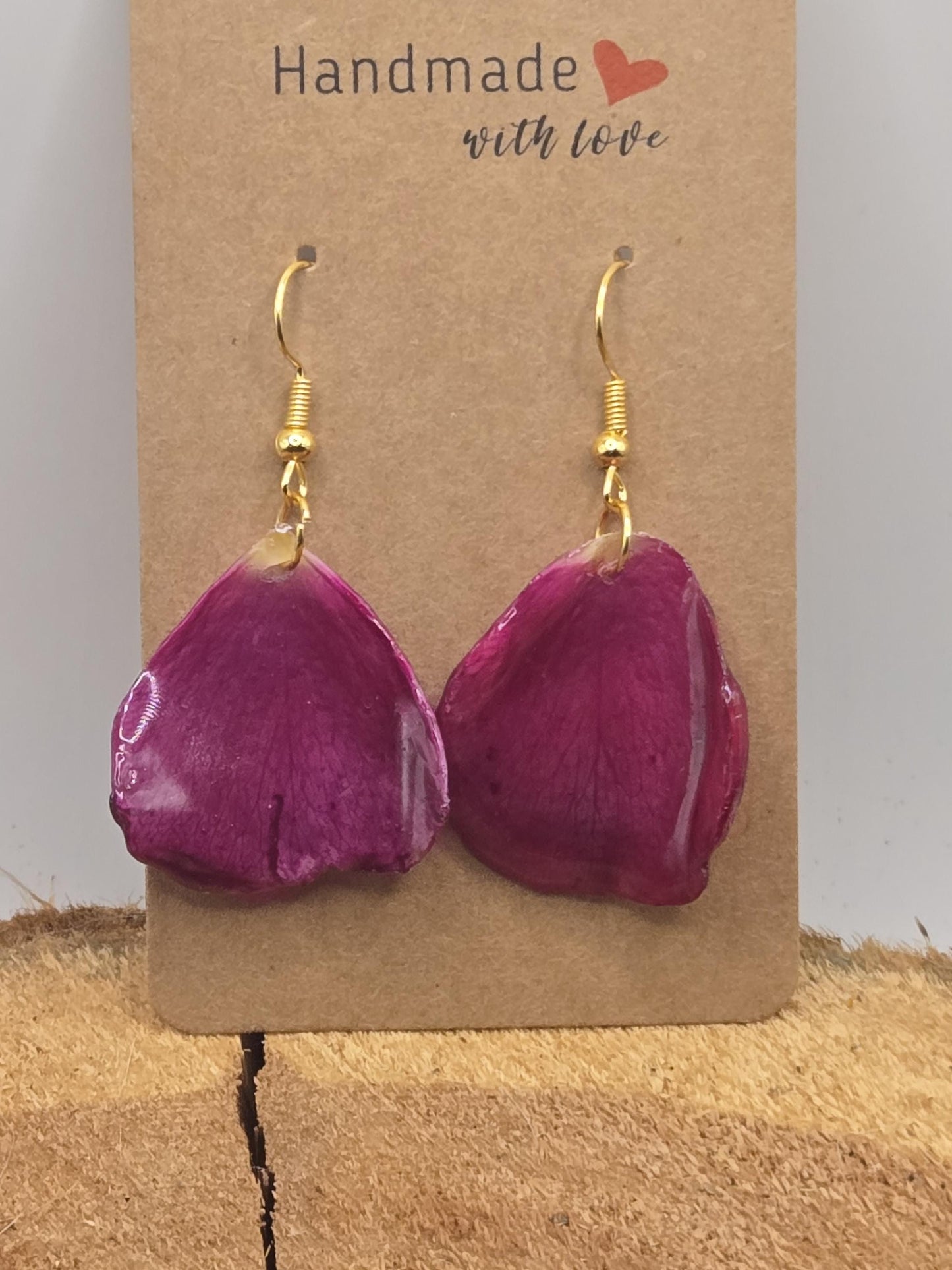 Real Rose Petal Earrings | Resin Botanical Jewelry, Gold Hooks
