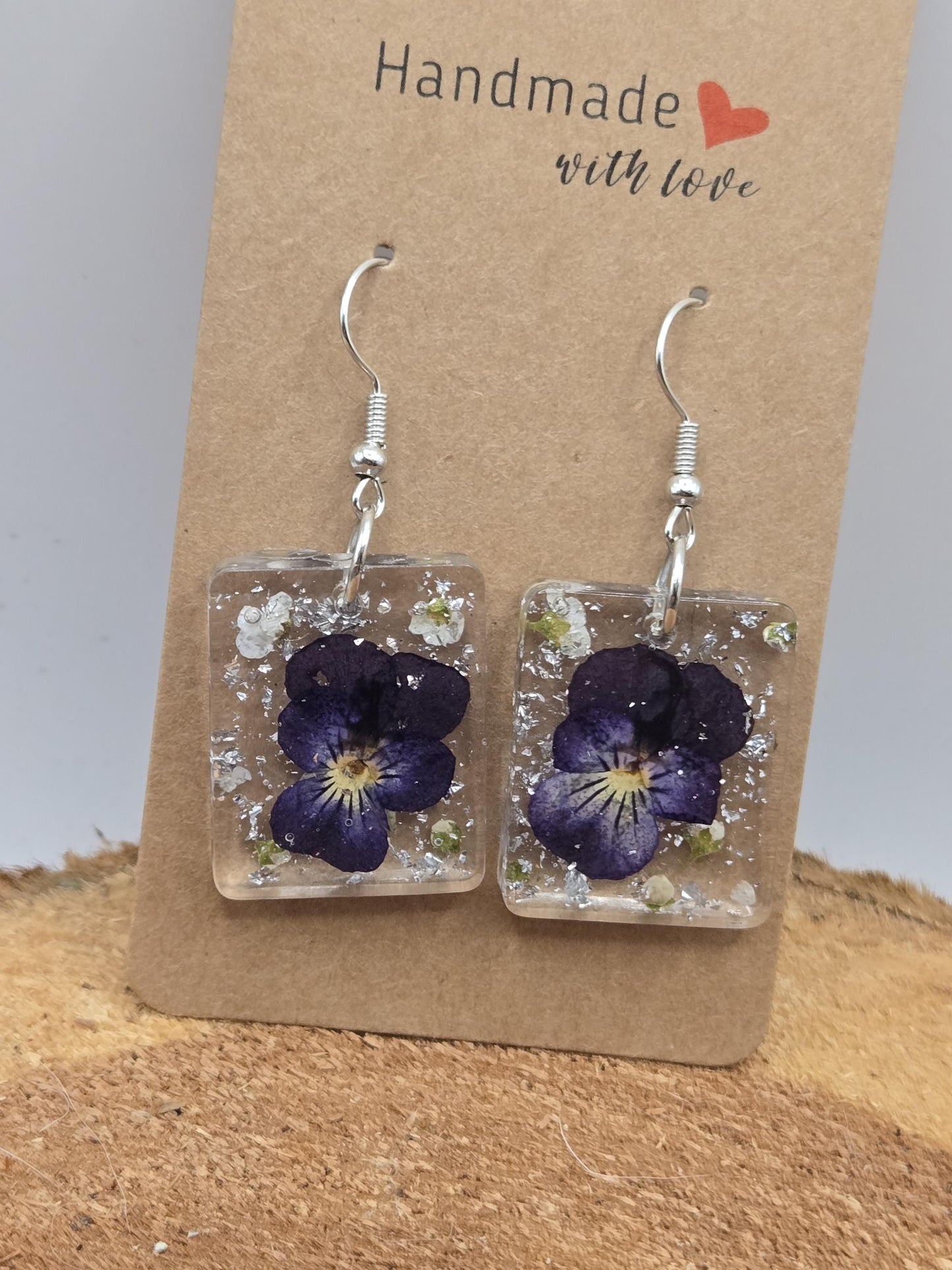 Pressed Violet Flower Earrings with Silver Flakes – Handmade UV Resin Jewelry