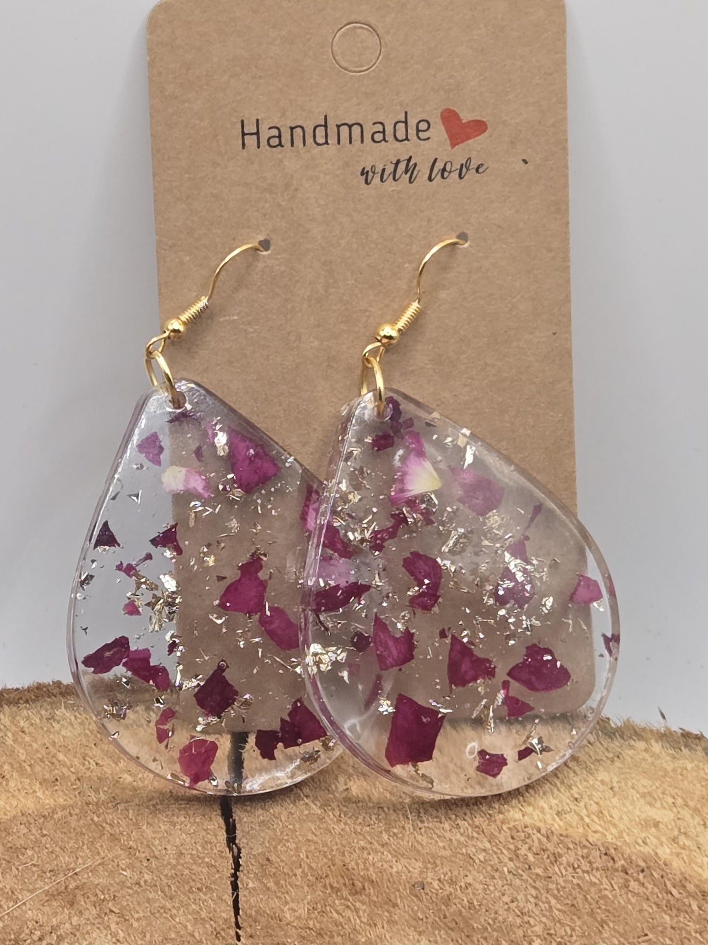 Real Rose Petal Teardrop Earrings with Gold Flakes | Botanical Resin Jewelry with Meaning
