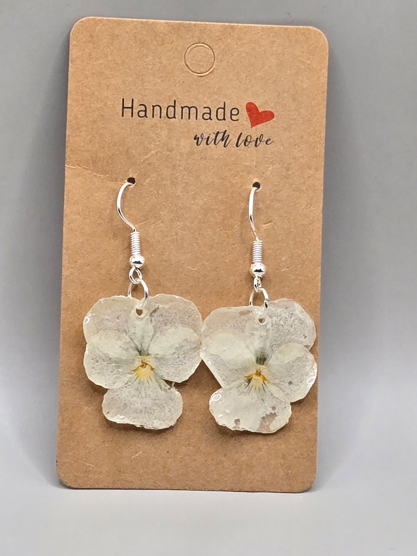 Pressed Pansy Earrings, Botanical Jewelry, White Pansy