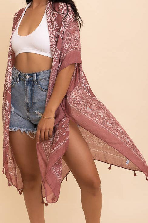 Rose Kimono Cardigan with Tassels, One Size