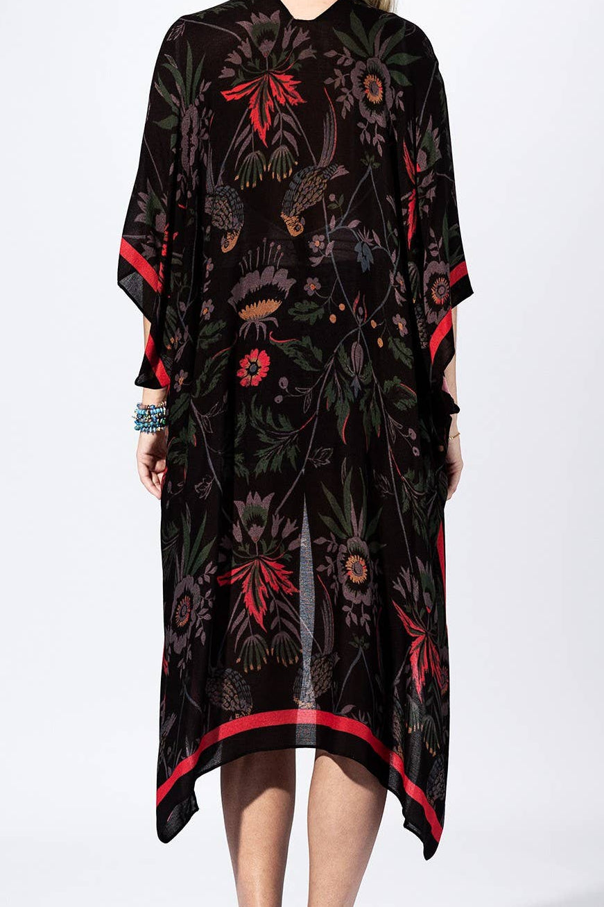 Black Flower Botanical Border Kimono: BLACK FLOWER COVER UP