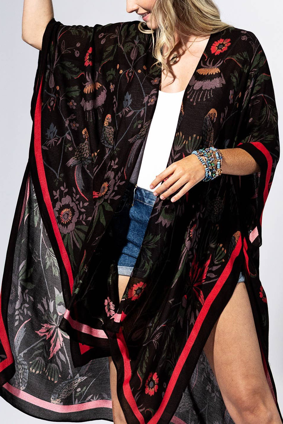 Black Flower Botanical Border Kimono: BLACK FLOWER COVER UP