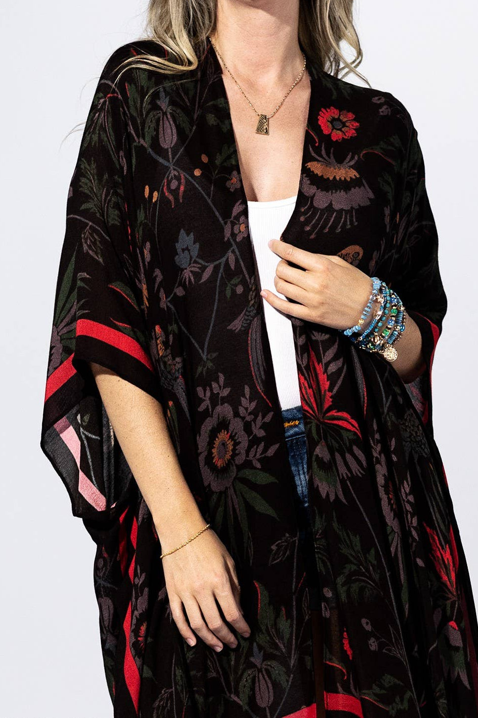 Black Flower Botanical Border Kimono: BLACK FLOWER COVER UP