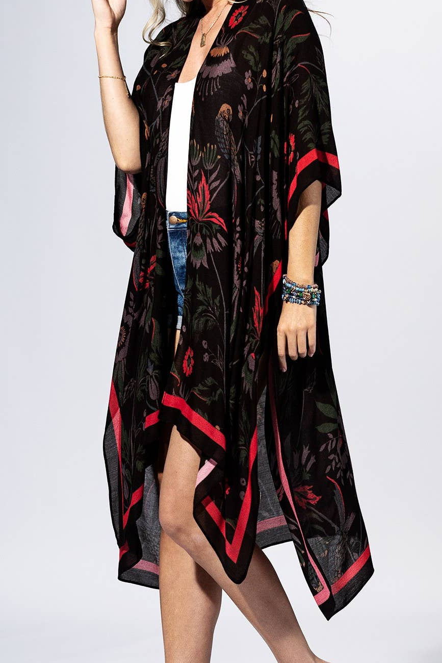 Black Flower Botanical Border Kimono: BLACK FLOWER COVER UP