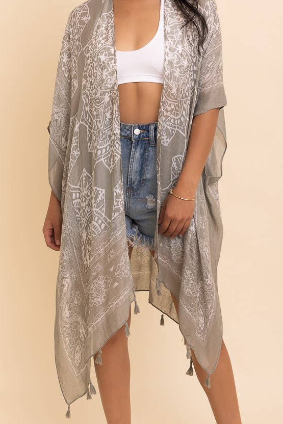 Olive Kimono Cardigan with Tassels, One Size