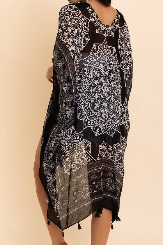 Versatile Kimono Cardigan with Tassels Black
