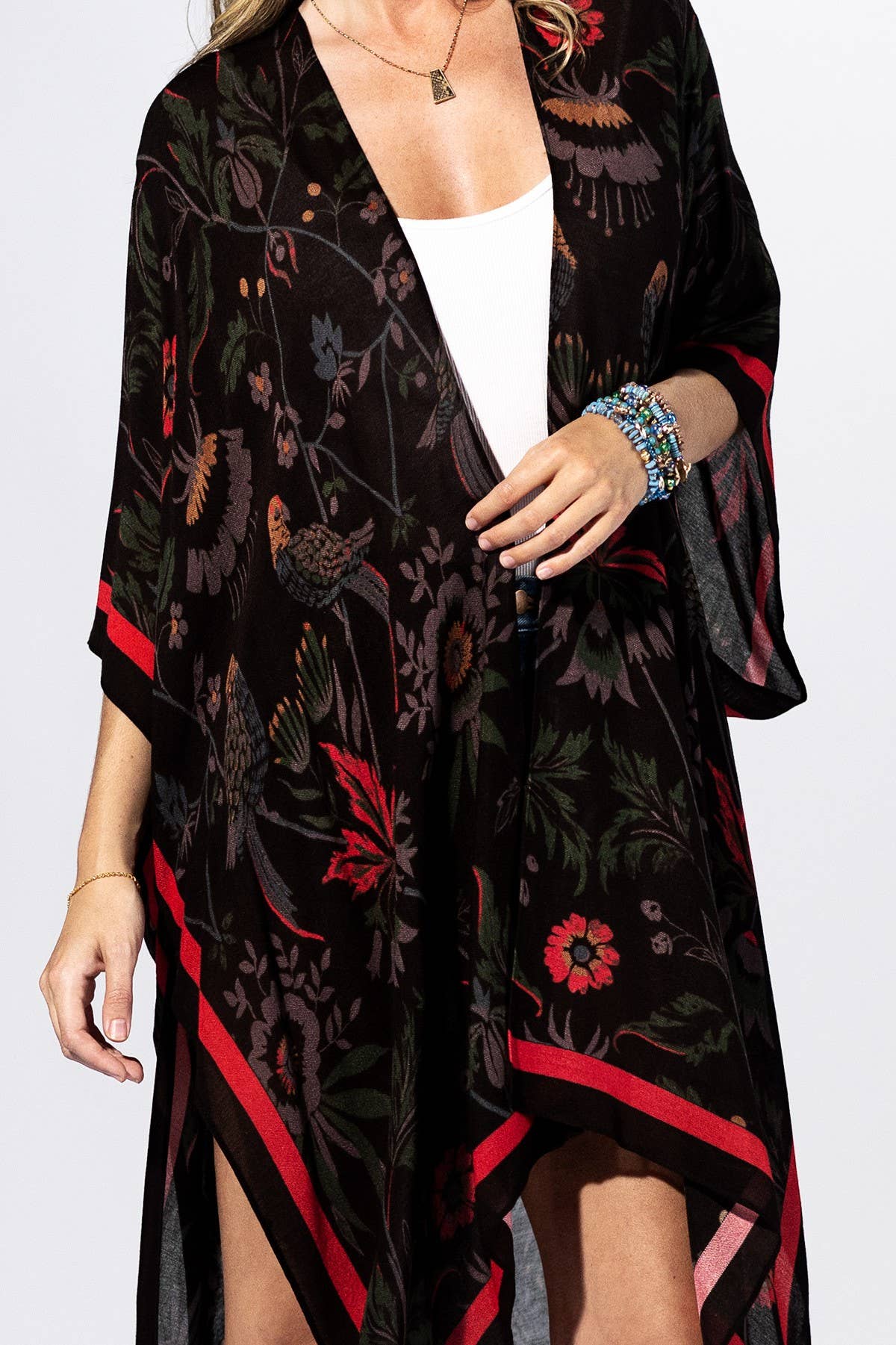 Black Flower Botanical Border Kimono: BLACK FLOWER COVER UP