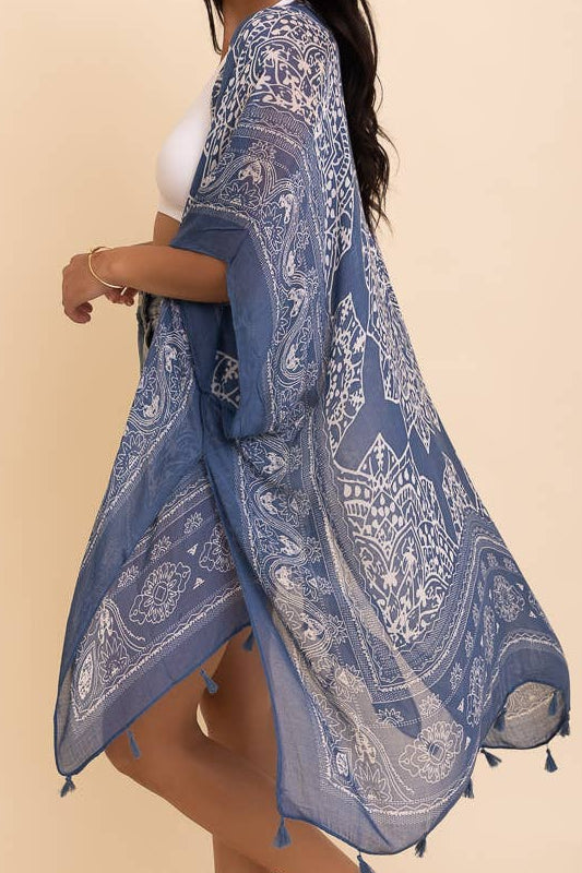Versatile Kimono Cardigan with Tassels Blue