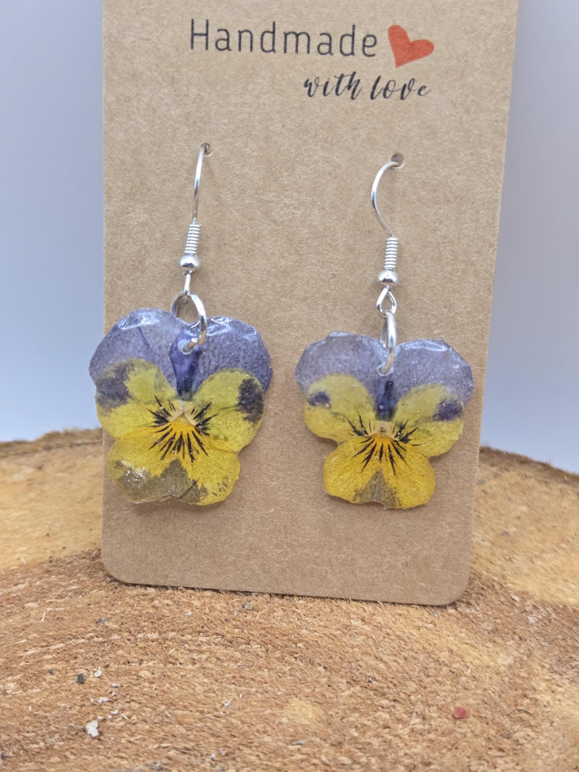 Real Pressed Pansy Flower Dangle Earrings – Two Tone, Botanical Resin Jewelry