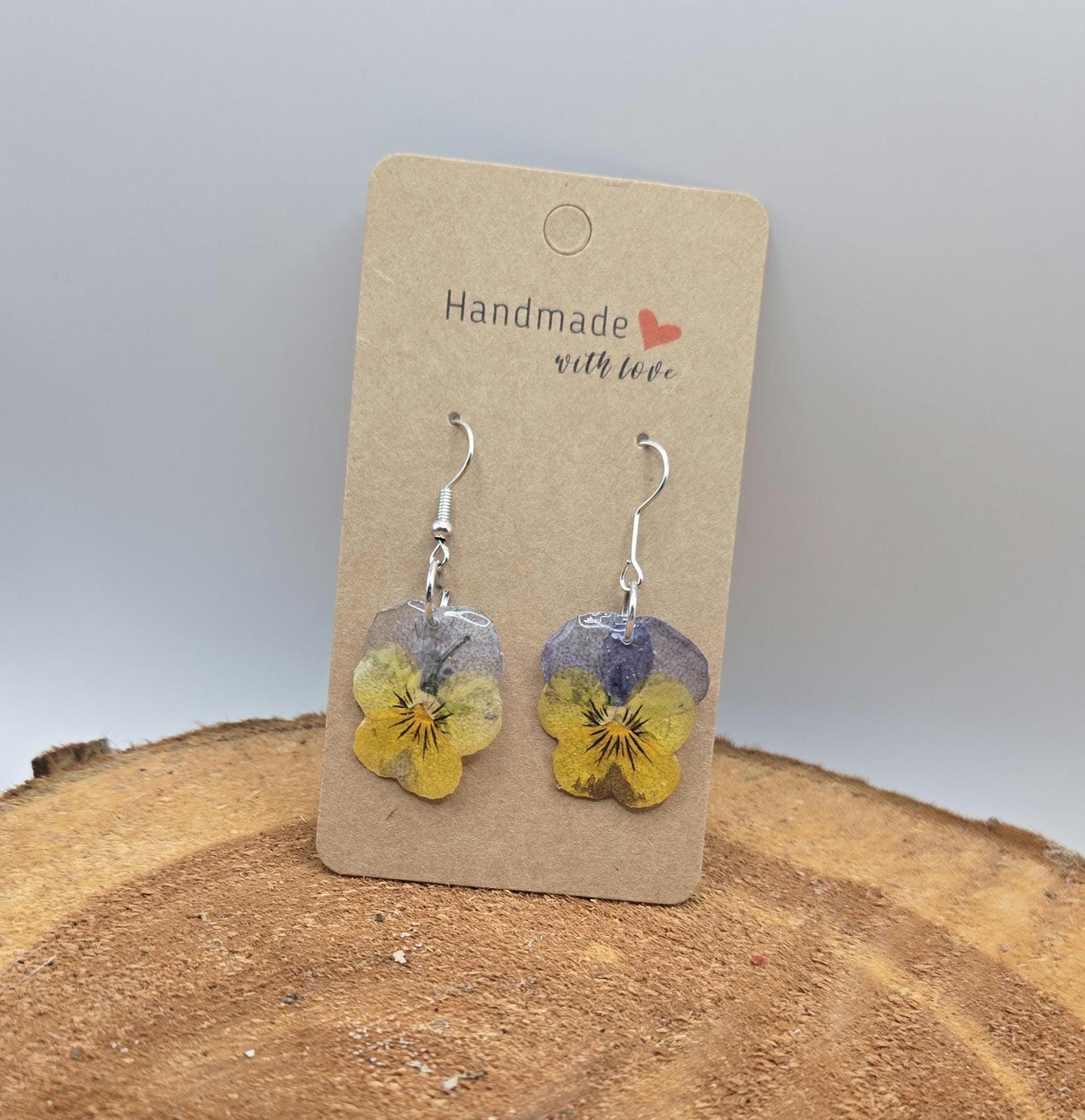 Real Pressed Pansy Flower Dangle Earrings – Two Tone, Botanical Resin Jewelry