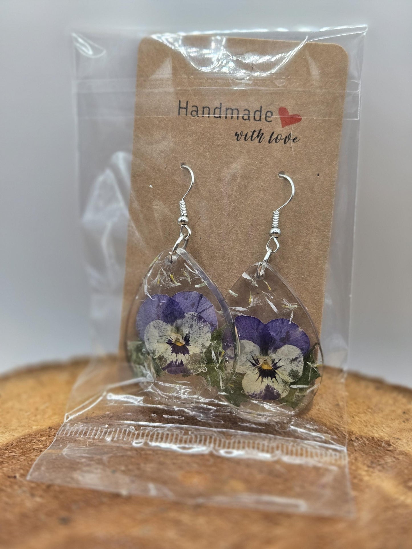 Real Pressed Pansy Flower Dangle Earrings, Botanical Resin Jewelry