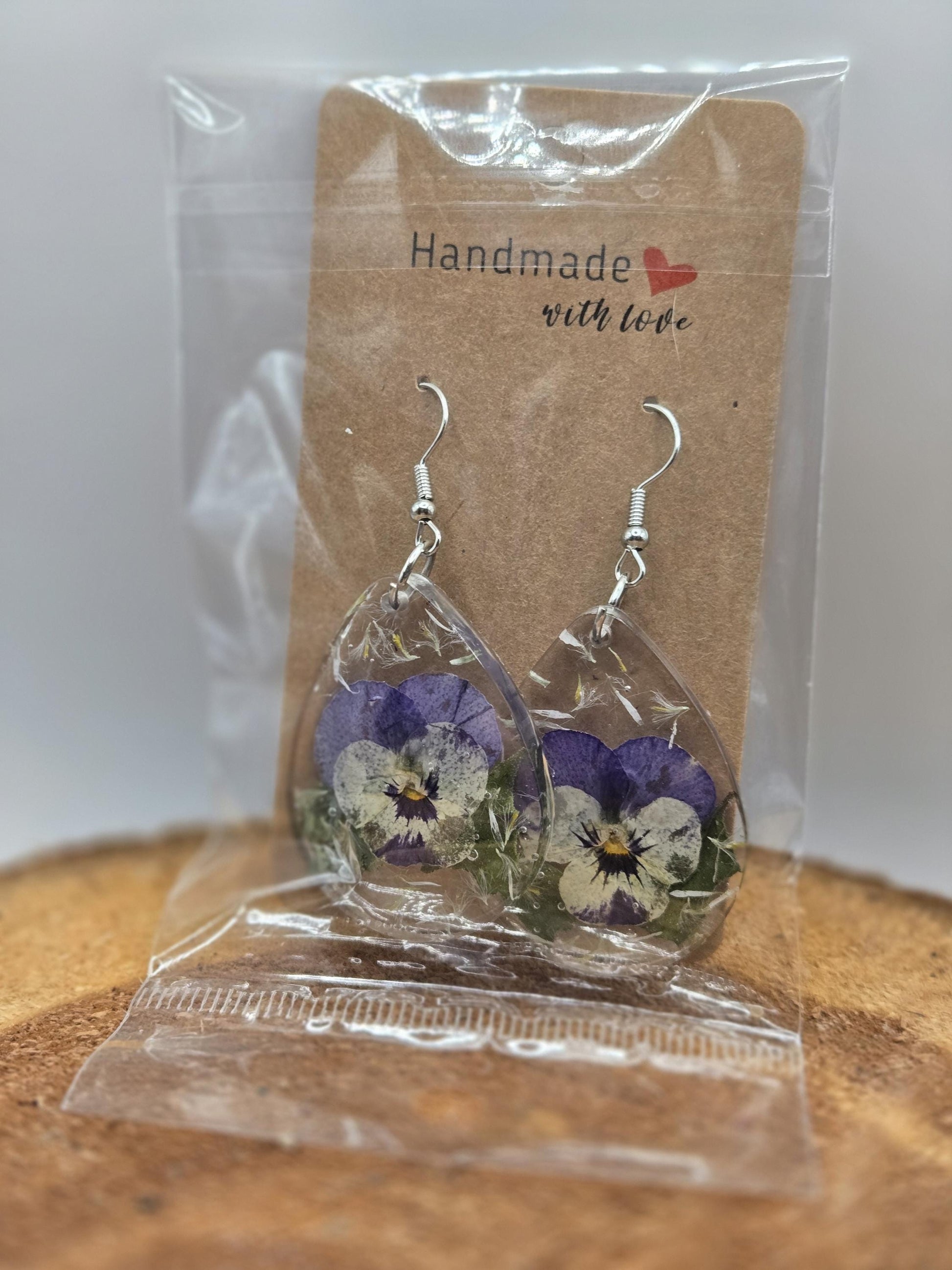 Real Pressed Pansy Flower Dangle Earrings, Botanical Resin Jewelry
