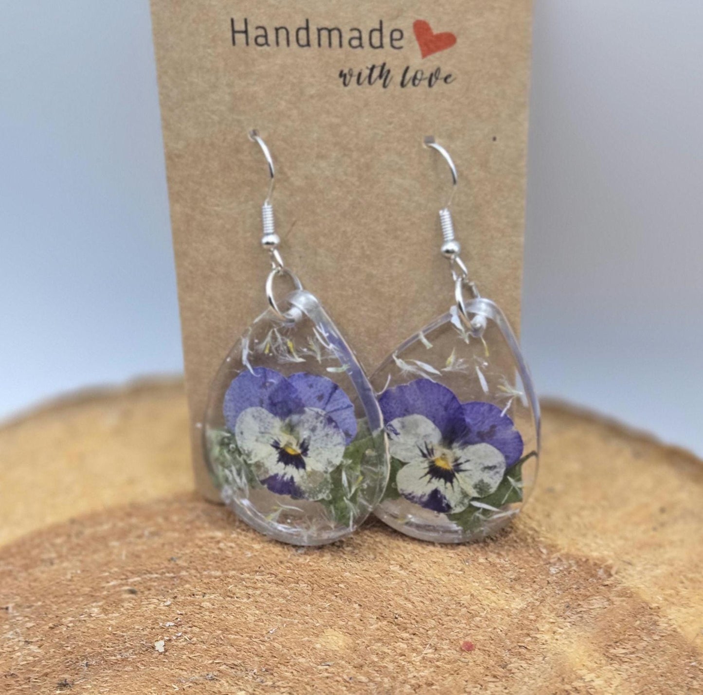 Real Pressed Pansy Flower Dangle Earrings, Botanical Resin Jewelry