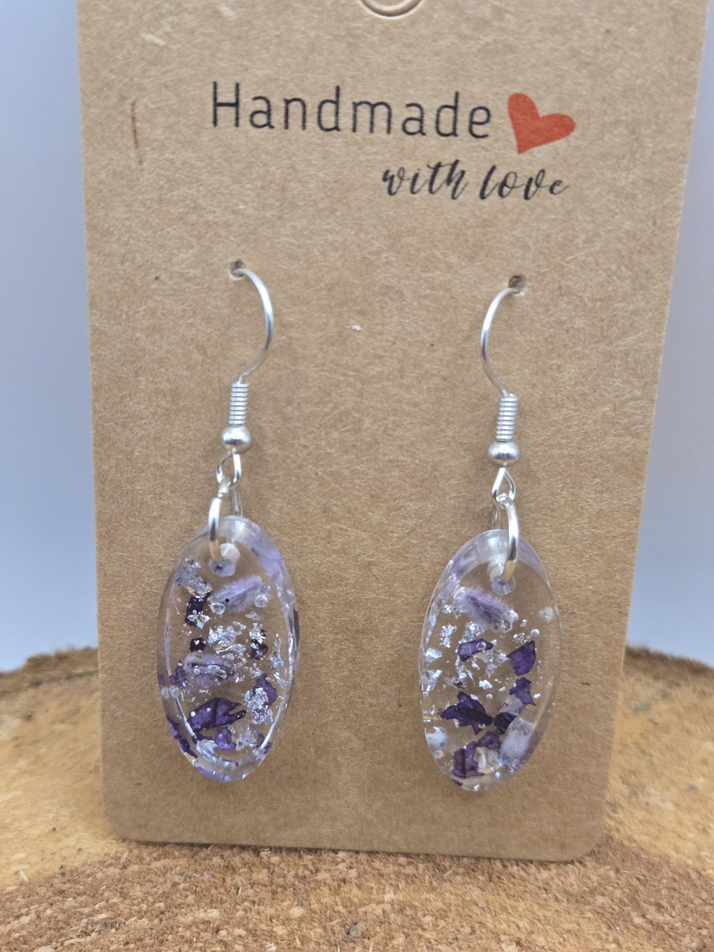 Real Flower Oval Earrings – Petunia & Russian Sage with Silver | Botanical Resin Jewelry with Symbolism
