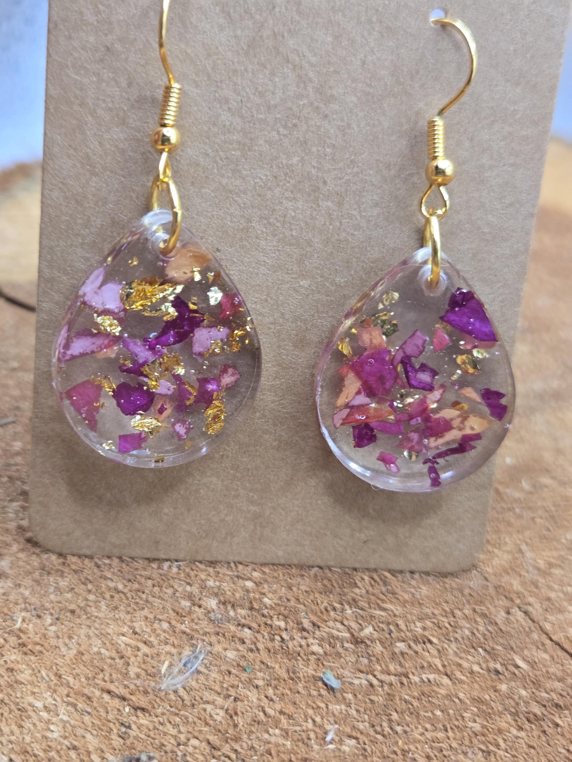 Real Rose Petal Teardrop Earrings with Gold Flakes | Botanical Resin Jewelry with Meaning