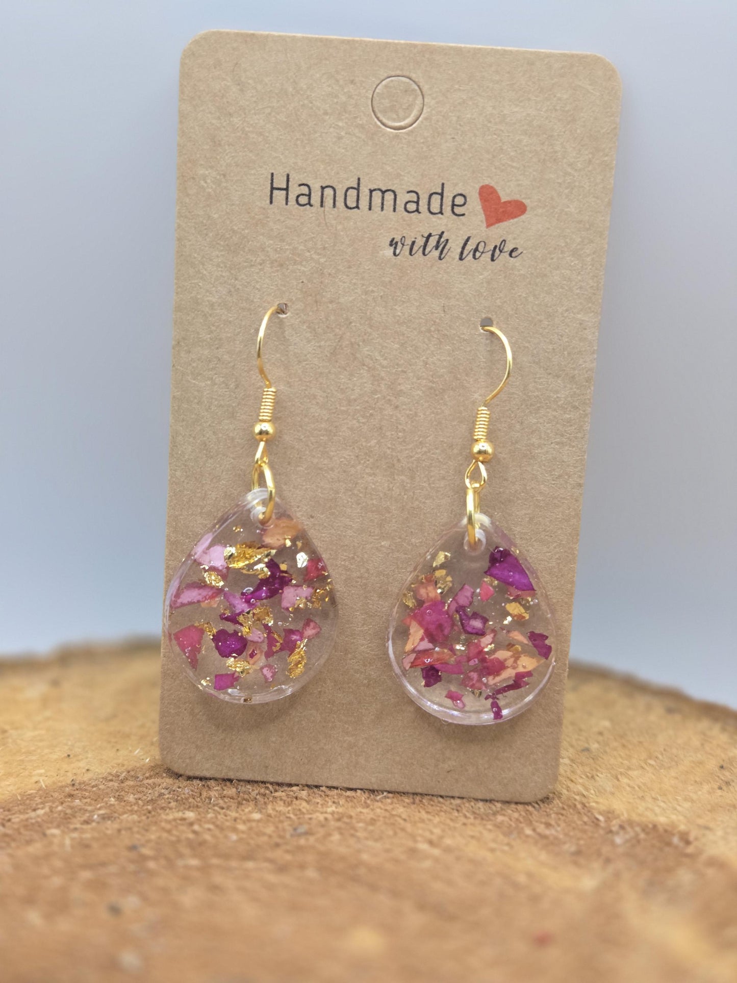 Real Rose Petal Teardrop Earrings with Gold Flakes | Botanical Resin Jewelry with Meaning