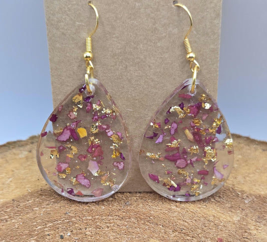 Real Rose Petal Teardrop Earrings with Gold Flakes | Botanical Resin Jewelry with Meaning