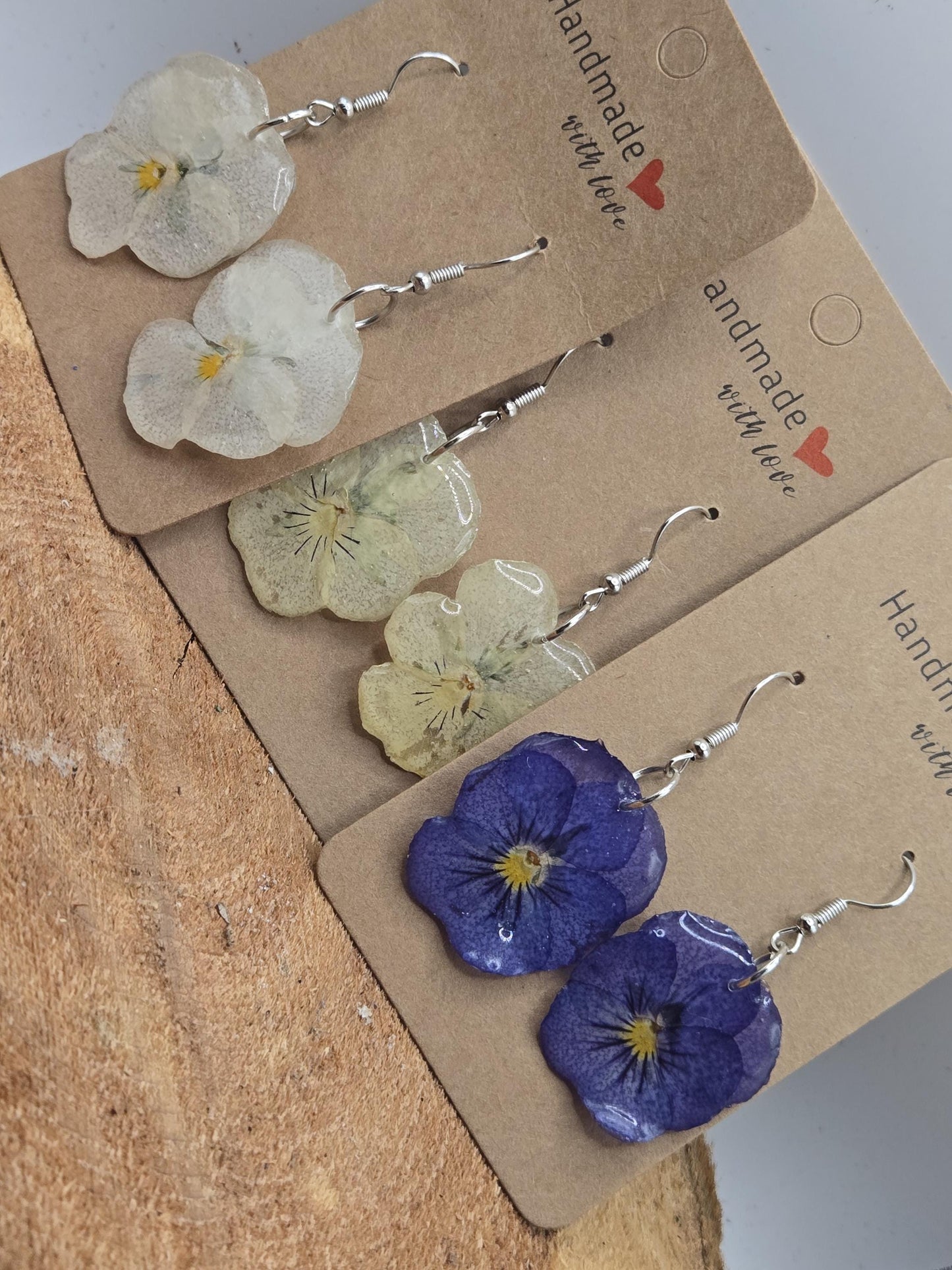 Real Pressed Pansy Flower Dangle Earrings – Single Tone, Botanical Resin Jewelry