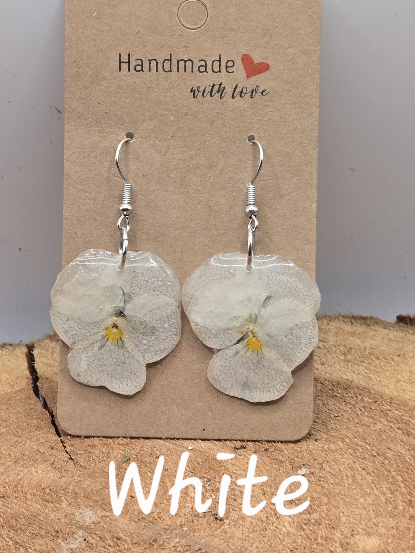 Real Pressed Pansy Flower Dangle Earrings – Single Tone, Botanical Resin Jewelry