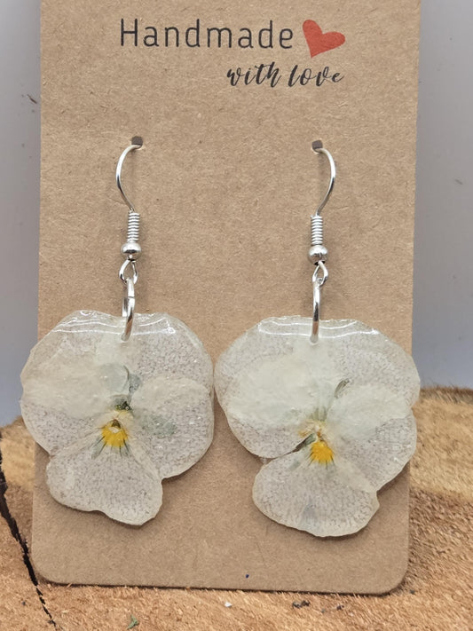 Real Pressed Pansy Flower Dangle Earrings – Single Tone, Botanical Resin Jewelry
