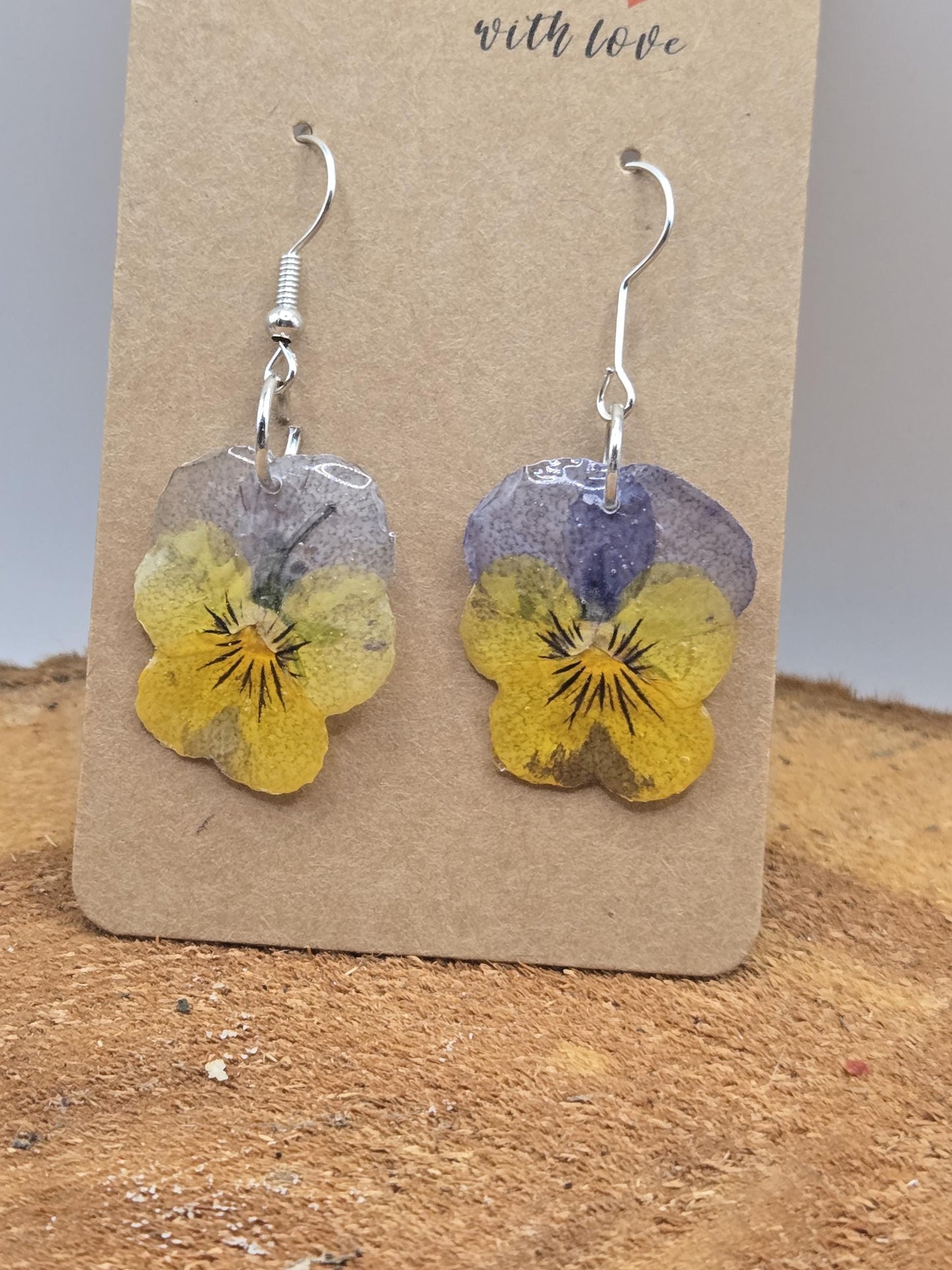 Real Pressed Pansy Flower Dangle Earrings – Two Tone, Botanical Resin Jewelry