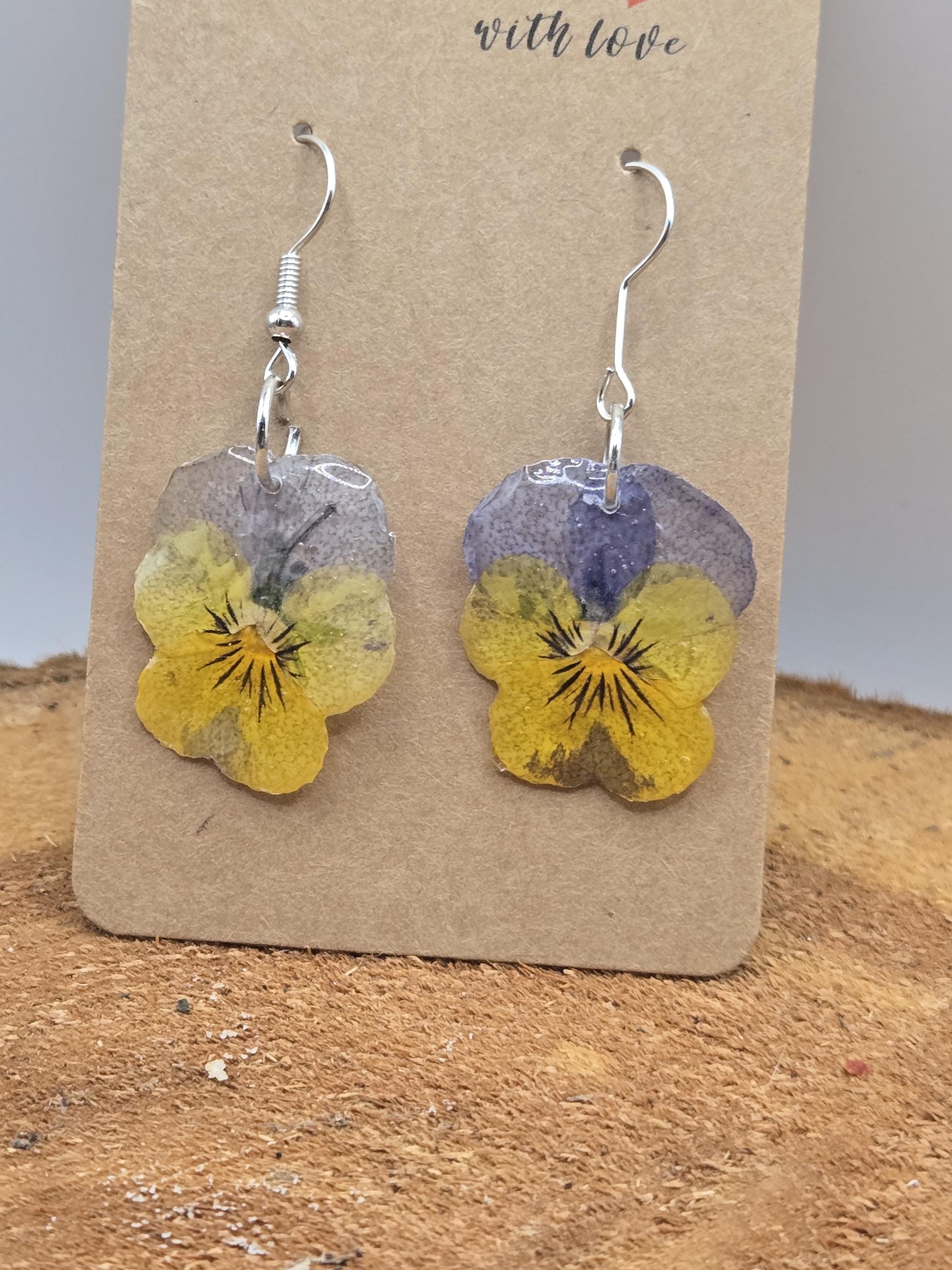 Real Pressed Pansy Flower Dangle Earrings – Two Tone, Botanical Resin Jewelry