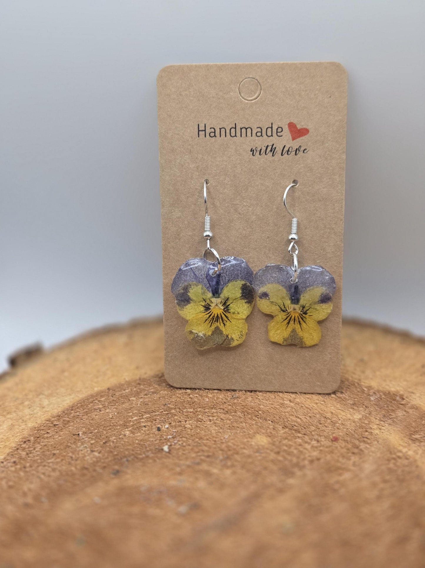Real Pressed Pansy Flower Dangle Earrings – Two Tone, Botanical Resin Jewelry