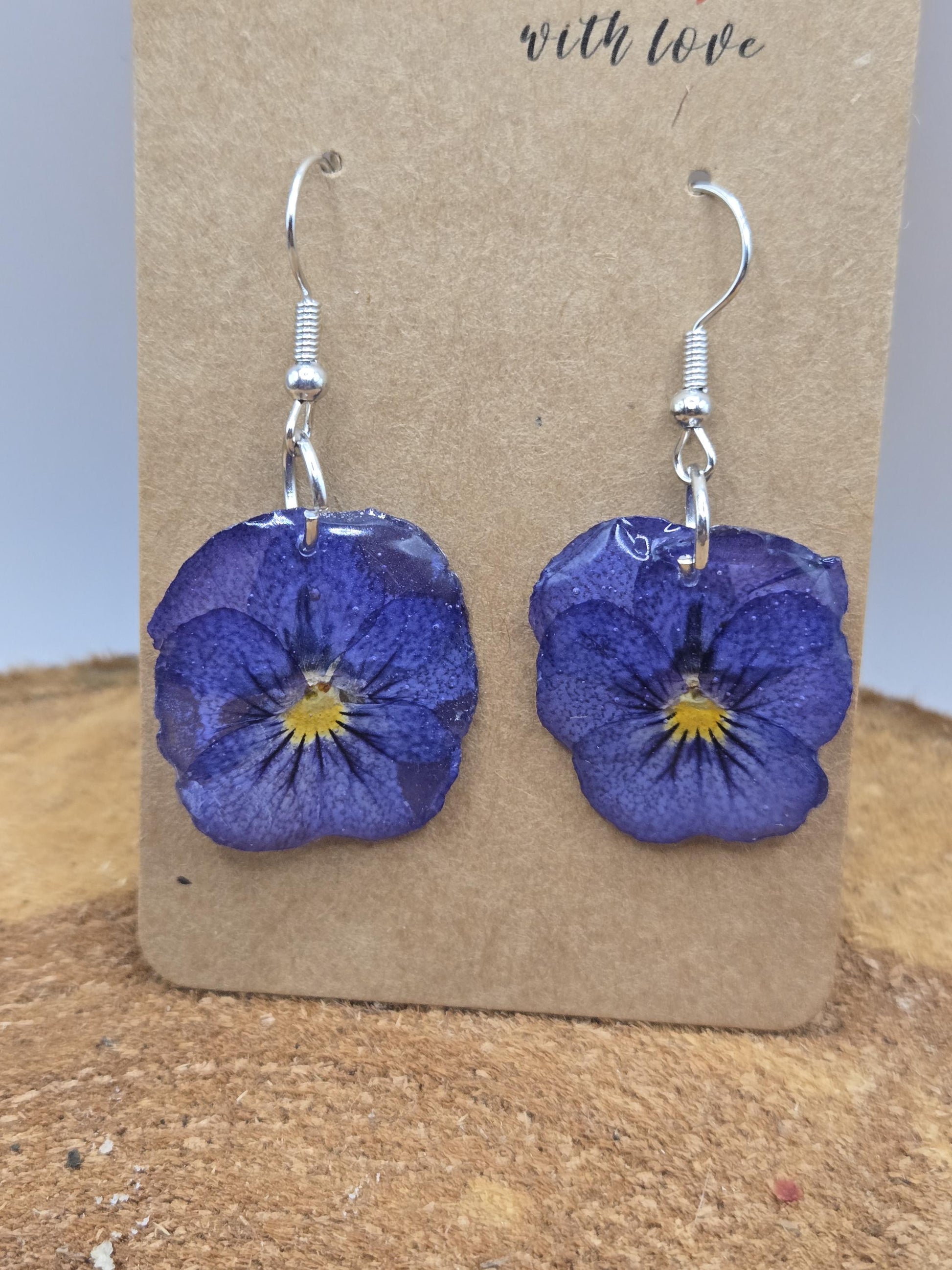 Real Pressed Pansy Flower Dangle Earrings – Single Tone, Botanical Resin Jewelry