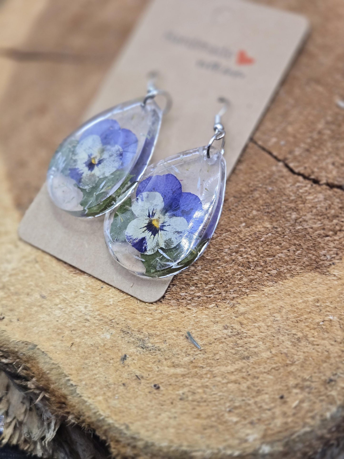Real Pressed Pansy Flower Dangle Earrings, Botanical Resin Jewelry