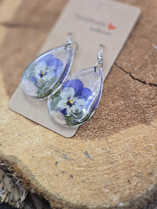 Real Pressed Pansy Flower Dangle Earrings, Botanical Resin Jewelry