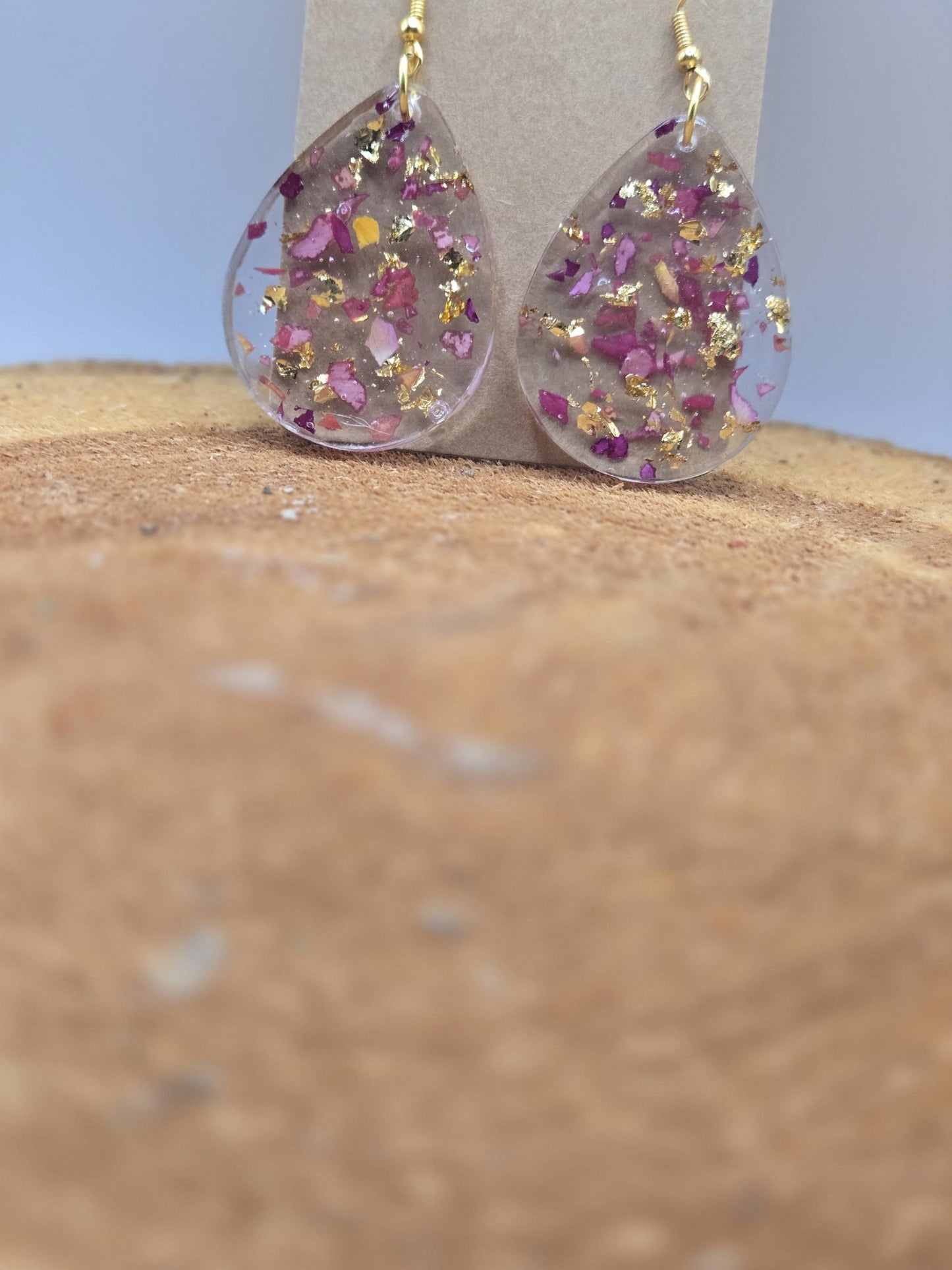 Real Rose Petal Teardrop Earrings with Gold Flakes | Botanical Resin Jewelry with Meaning