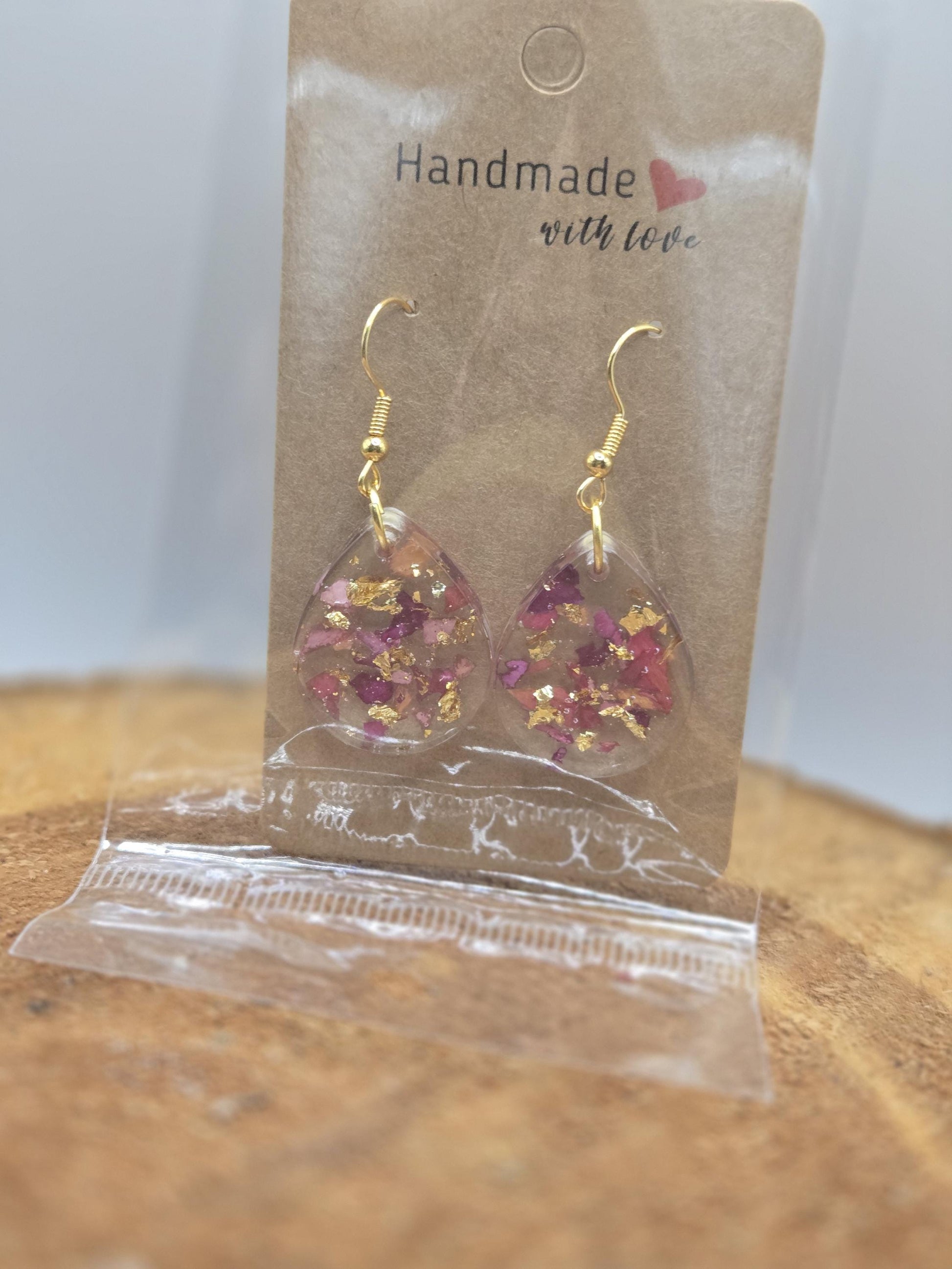 Real Rose Petal Teardrop Earrings with Gold Flakes | Botanical Resin Jewelry with Meaning