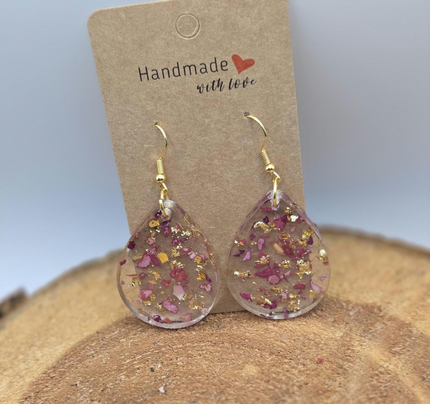 Real Rose Petal Teardrop Earrings with Gold Flakes | Botanical Resin Jewelry with Meaning