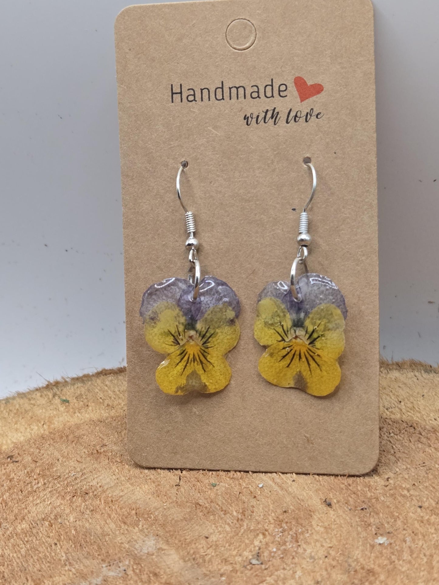 Real Pressed Pansy Flower Dangle Earrings – Two Tone, Botanical Resin Jewelry