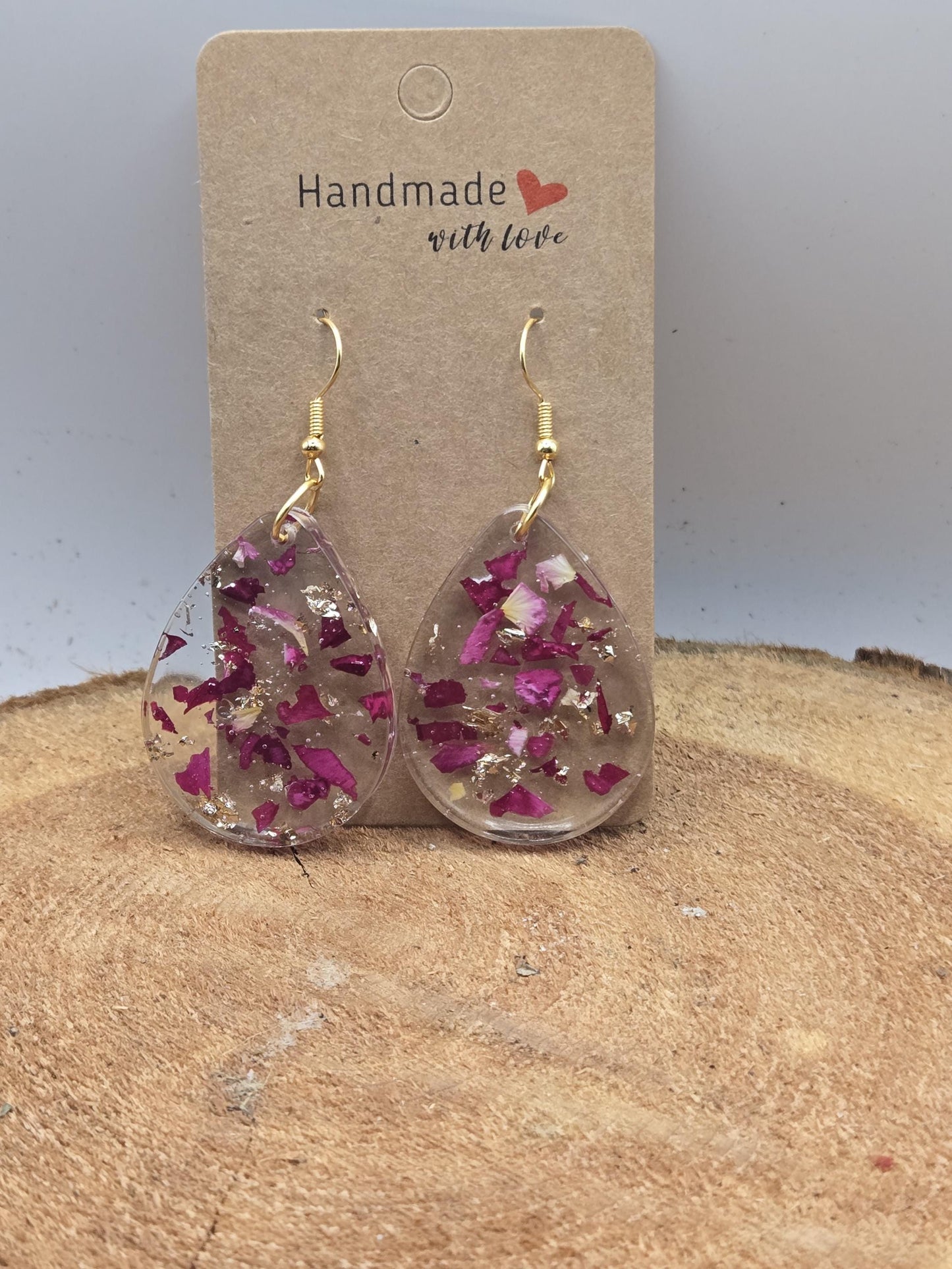 Real Rose Petal Teardrop Earrings with Gold Flakes | Botanical Resin Jewelry with Meaning