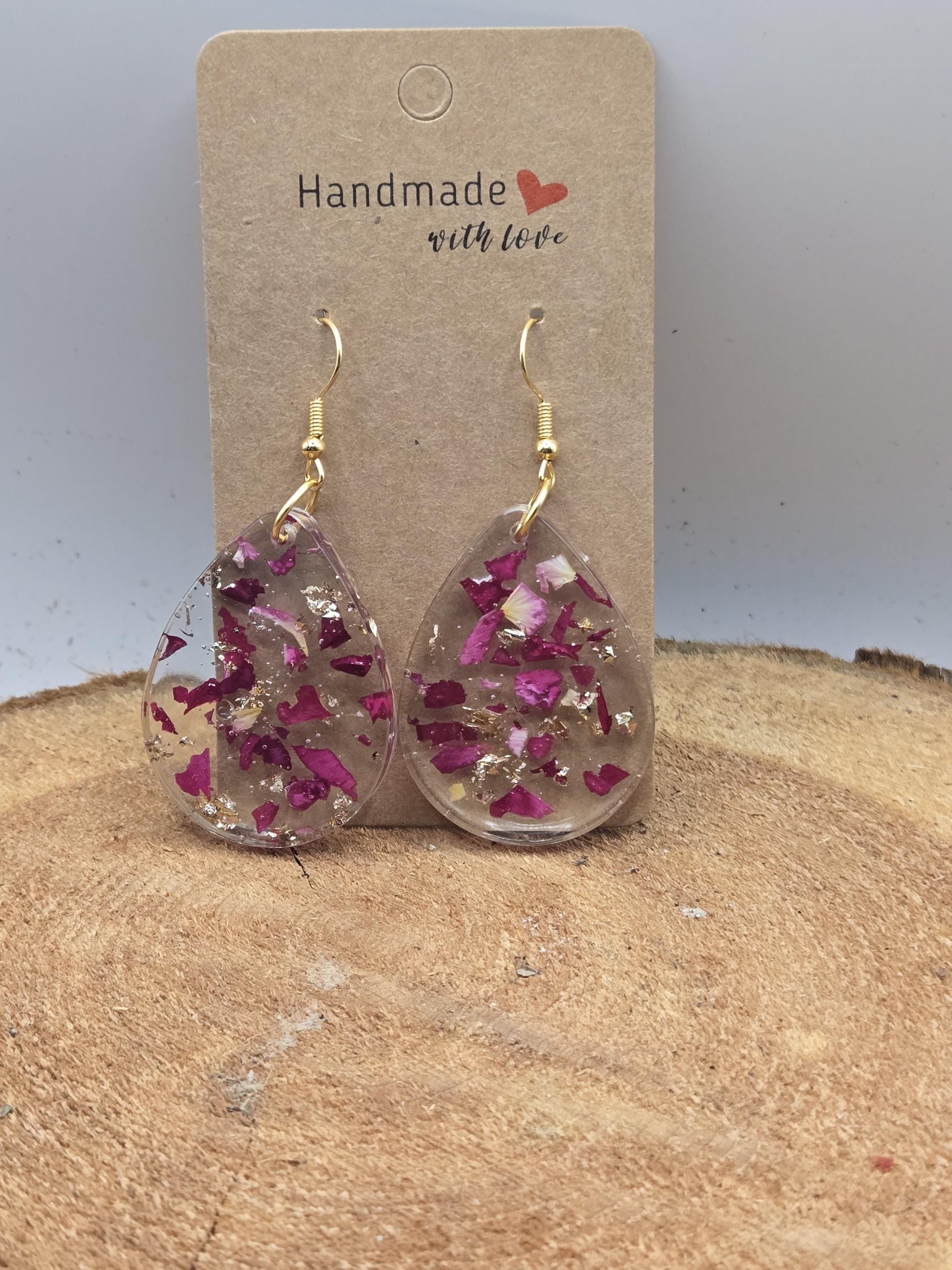 Real Rose Petal Teardrop Earrings with Gold Flakes | Botanical Resin Jewelry with Meaning