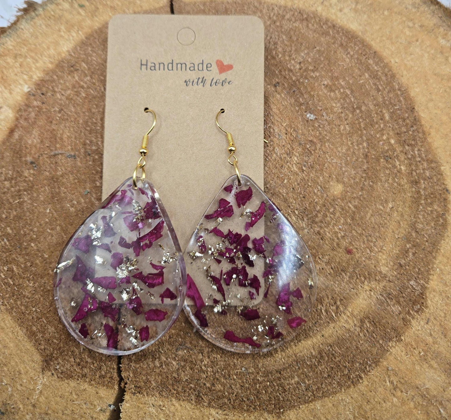 Real Rose Petal Teardrop Earrings with Gold Flakes | Botanical Resin Jewelry with Meaning