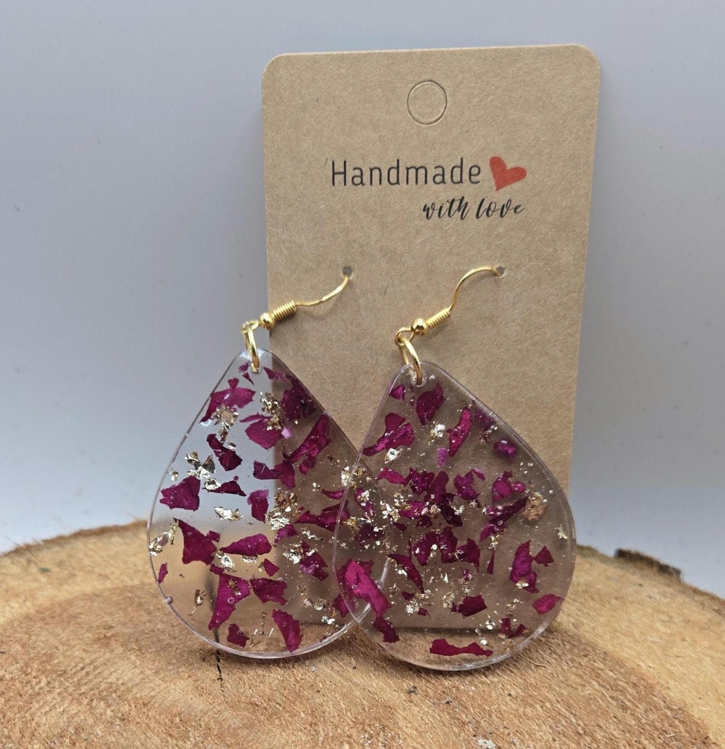 Real Rose Petal Teardrop Earrings with Gold Flakes | Botanical Resin Jewelry with Meaning