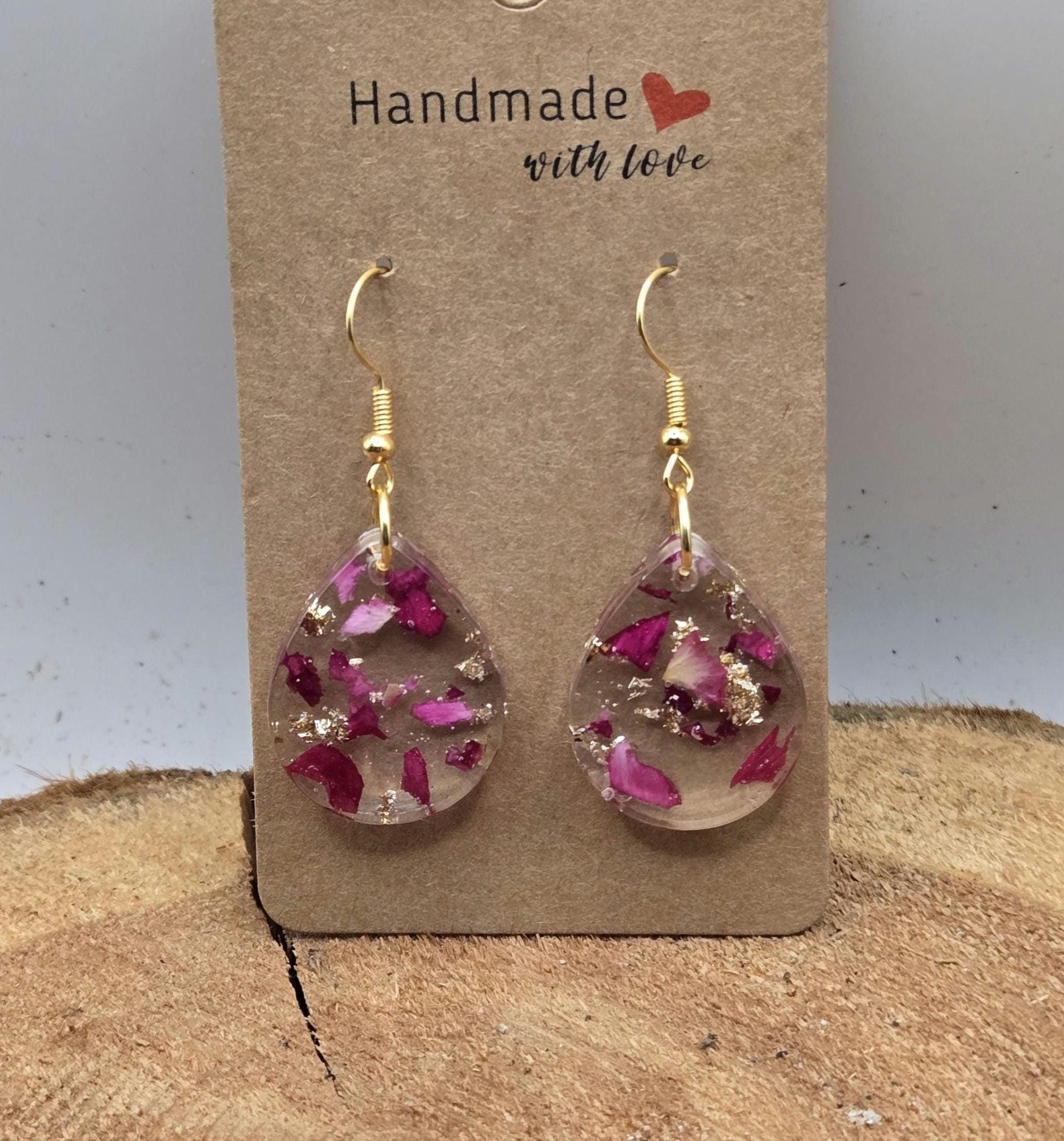 Real Rose Petal Teardrop Earrings with Gold Flakes | Botanical Resin Jewelry with Meaning