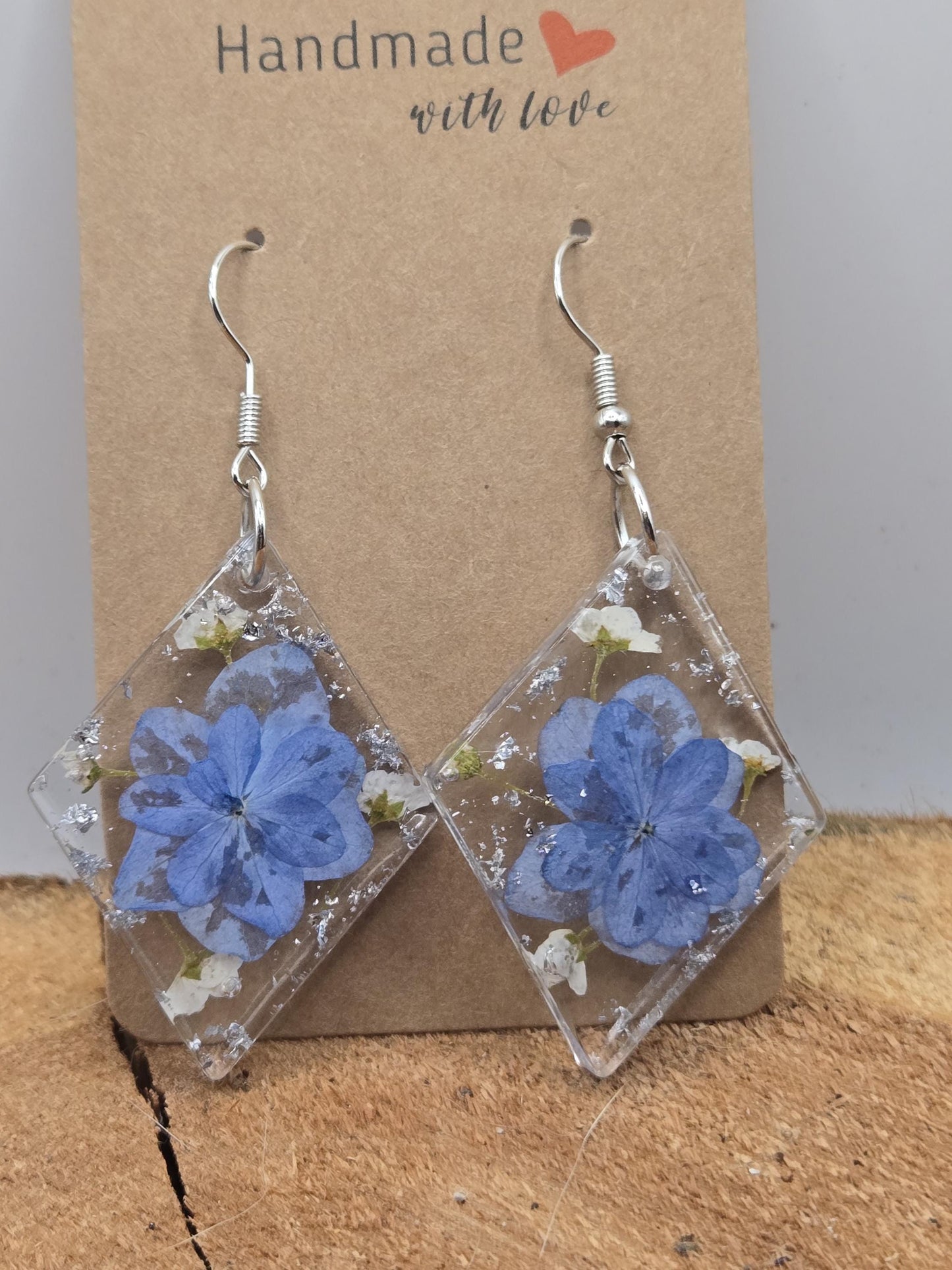 Pressed Hydrangea Resin Earrings – Real Flower Jewelry with Silver Flakes - Blue Tones