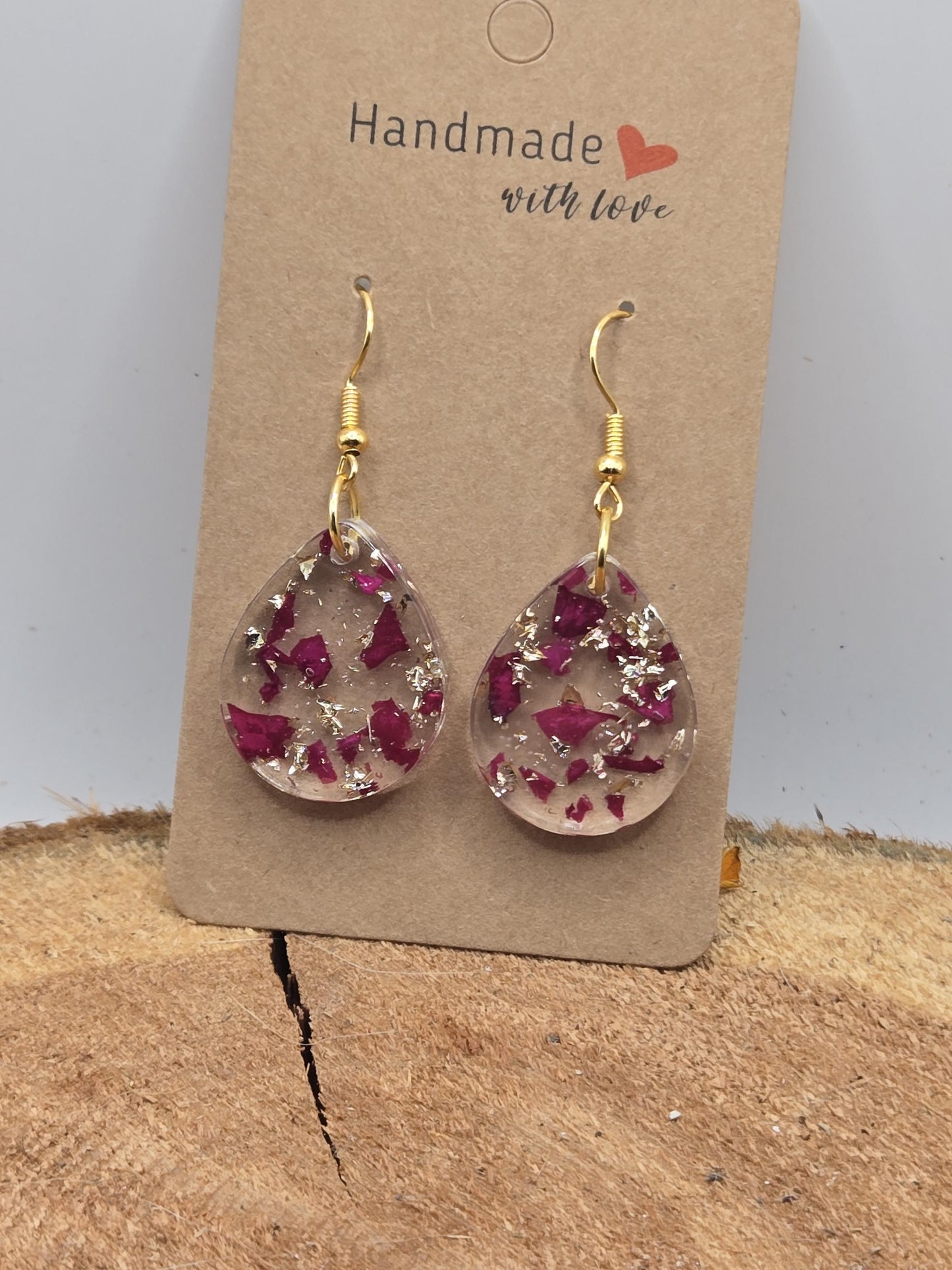 Real Rose Petal Teardrop Earrings with Gold Flakes | Botanical Resin Jewelry with Meaning