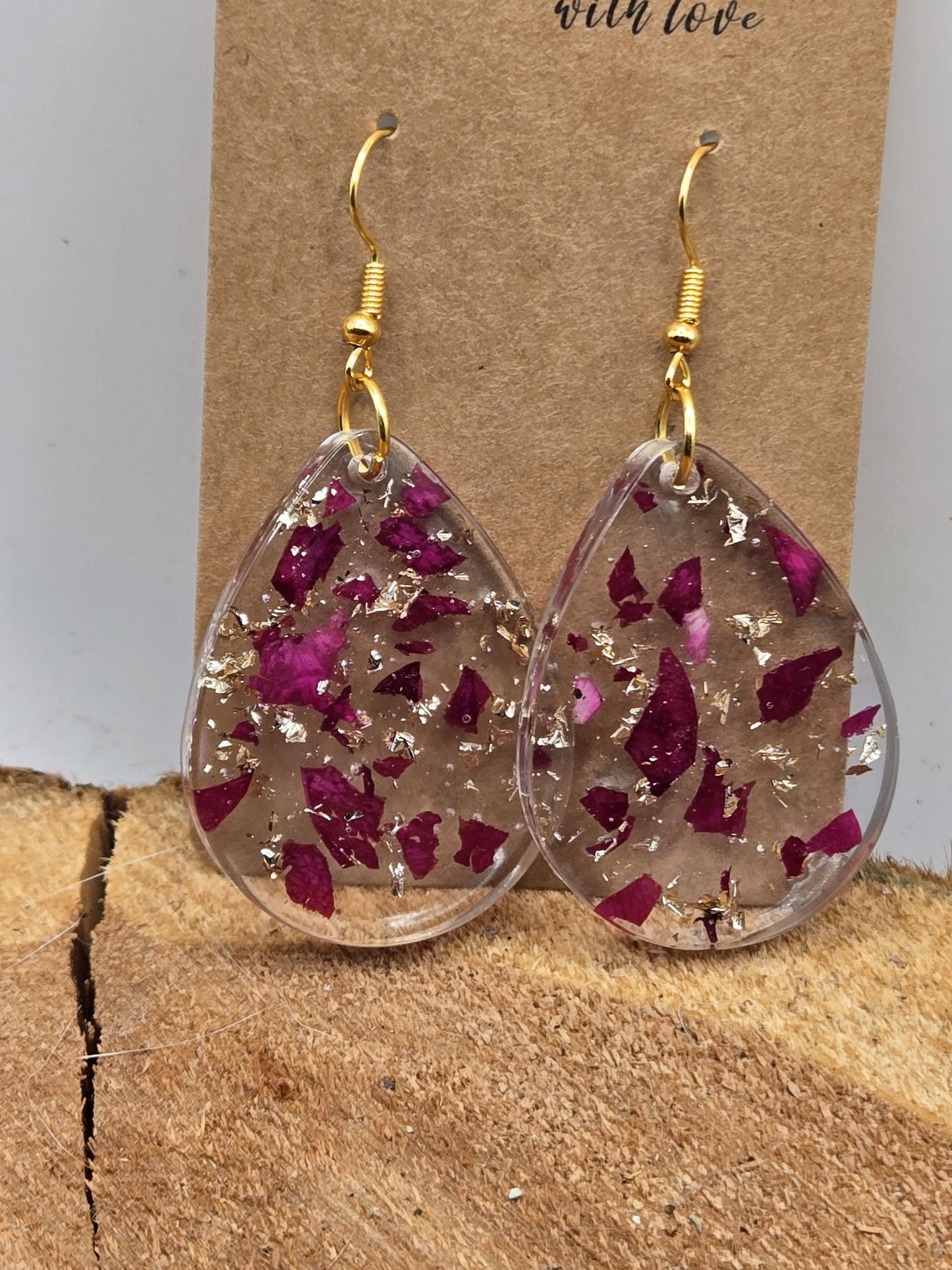 Real Rose Petal Teardrop Earrings with Gold Flakes | Botanical Resin Jewelry with Meaning