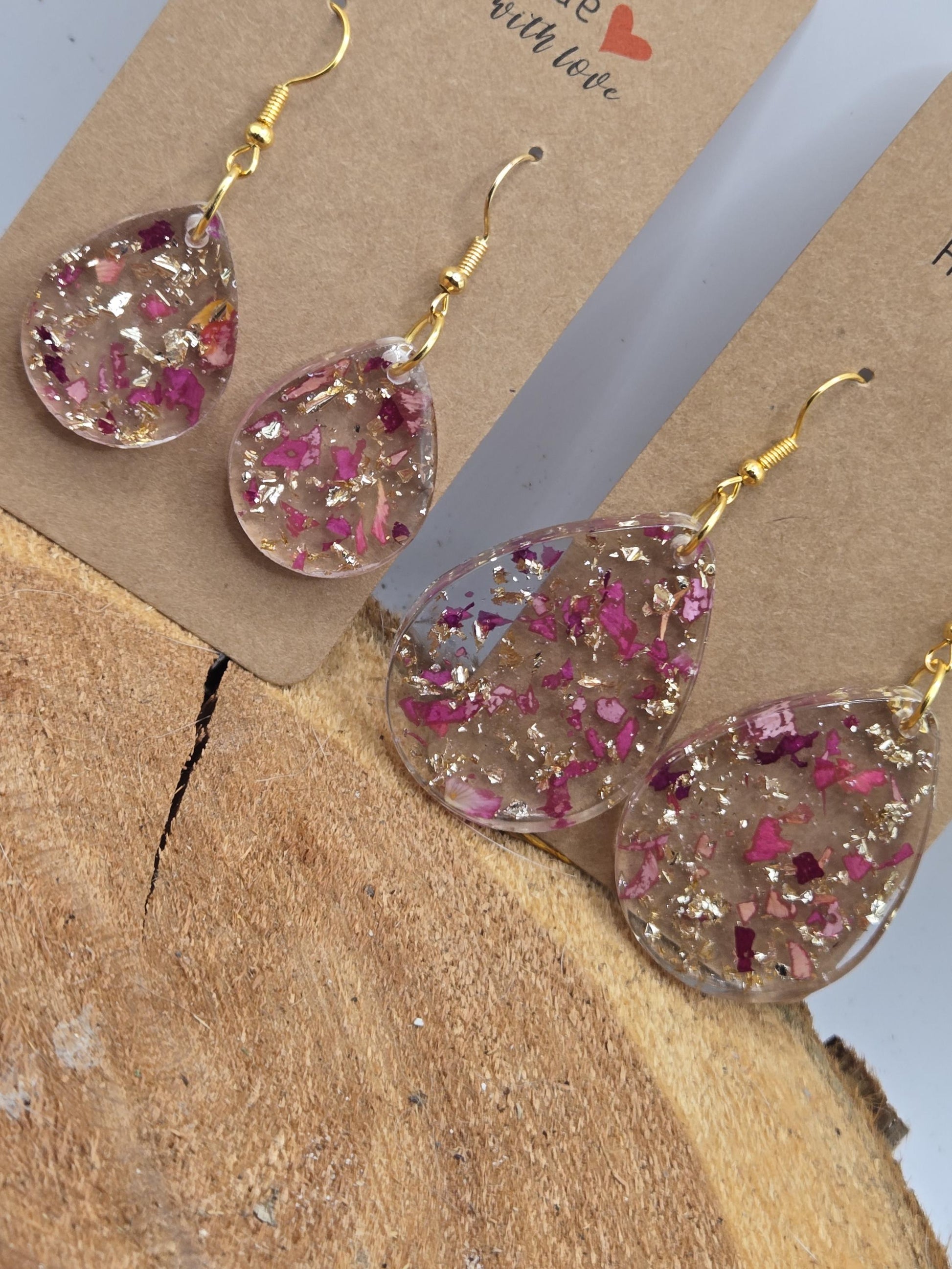 Real Rose Petal Teardrop Earrings with Gold Flakes | Botanical Resin Jewelry with Meaning