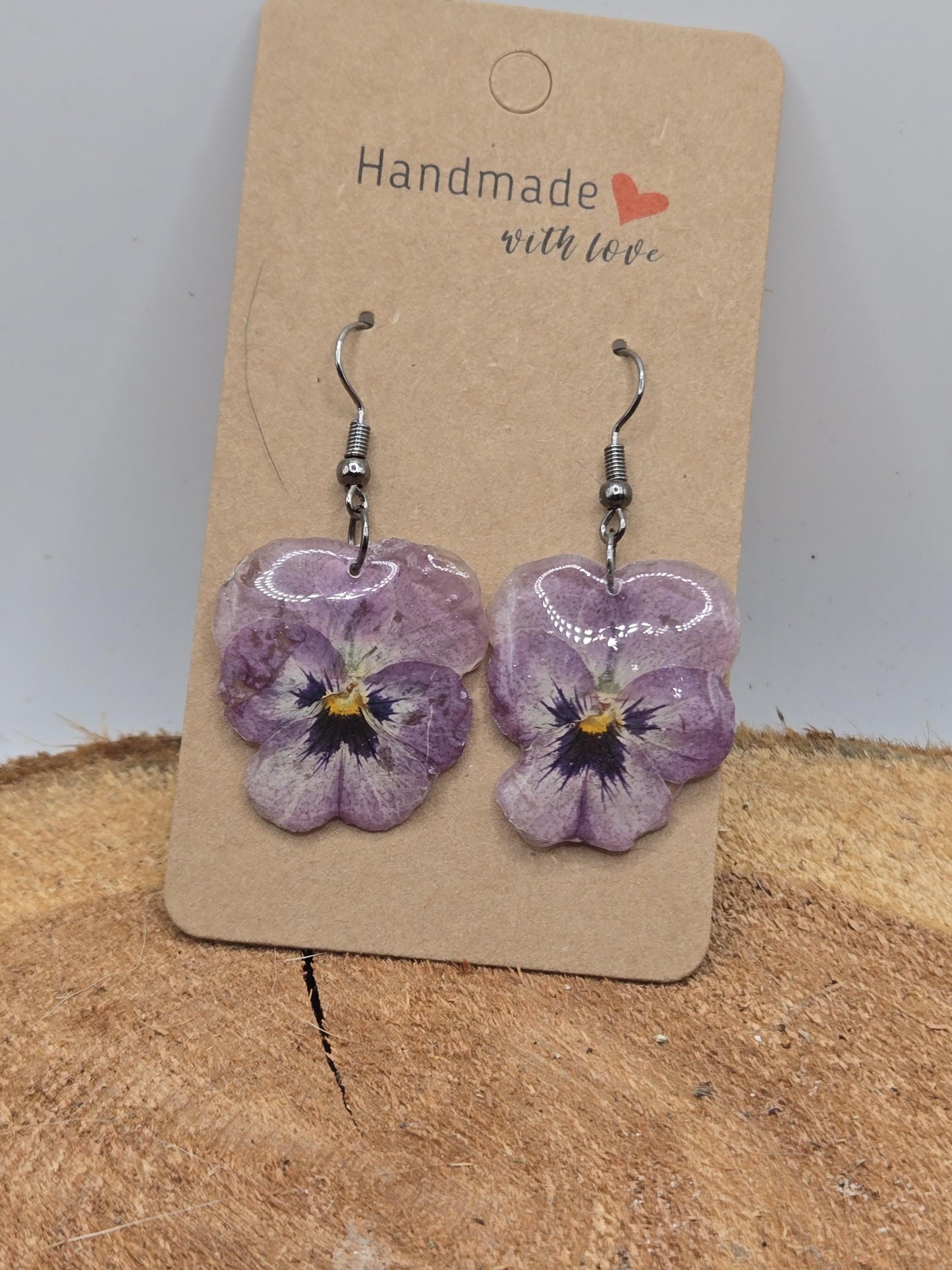 Real Pressed Pansy Flower Dangle Earrings – Two Tone, Botanical Resin Jewelry