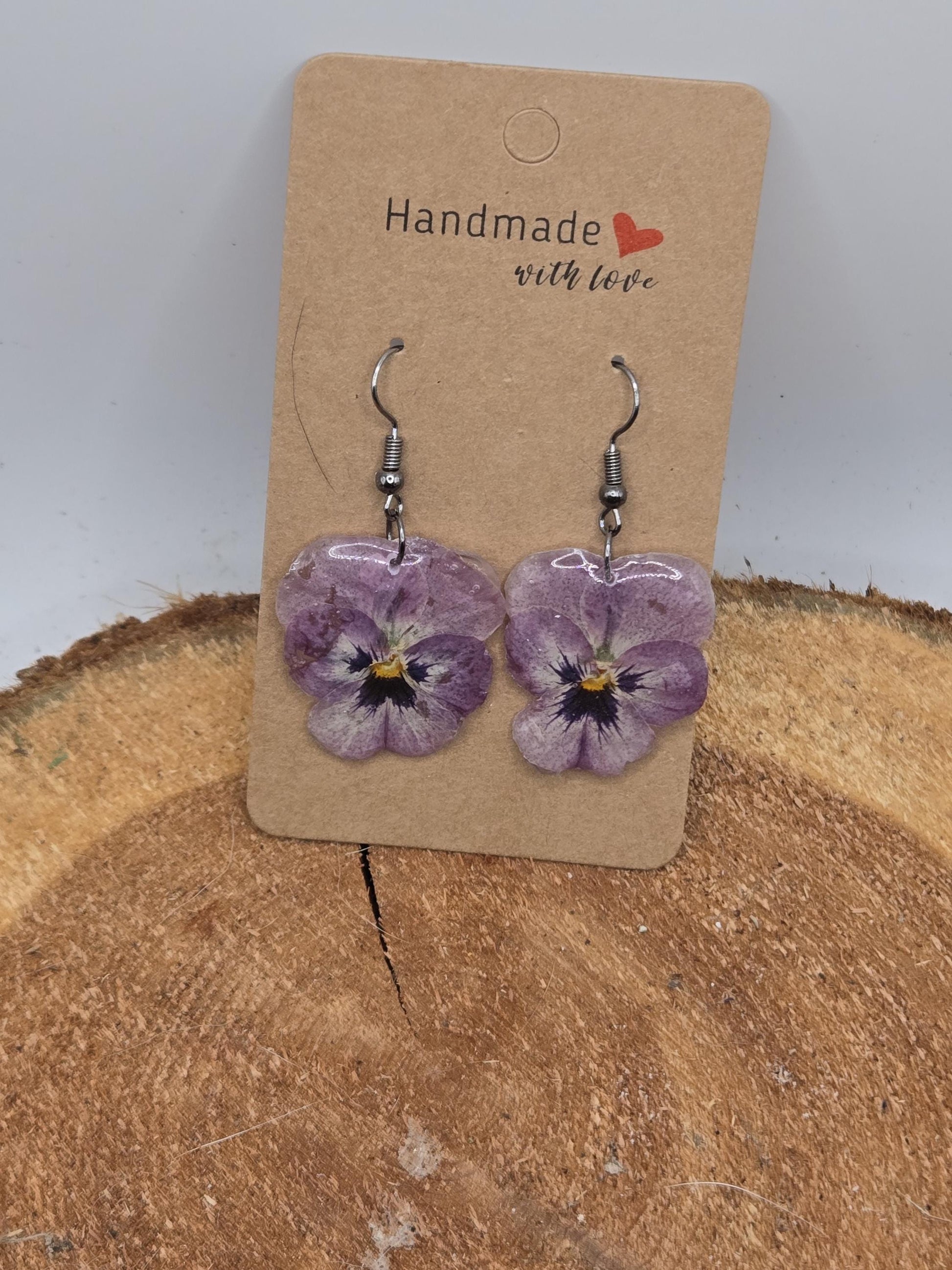 Real Pressed Pansy Flower Dangle Earrings – Two Tone, Botanical Resin Jewelry