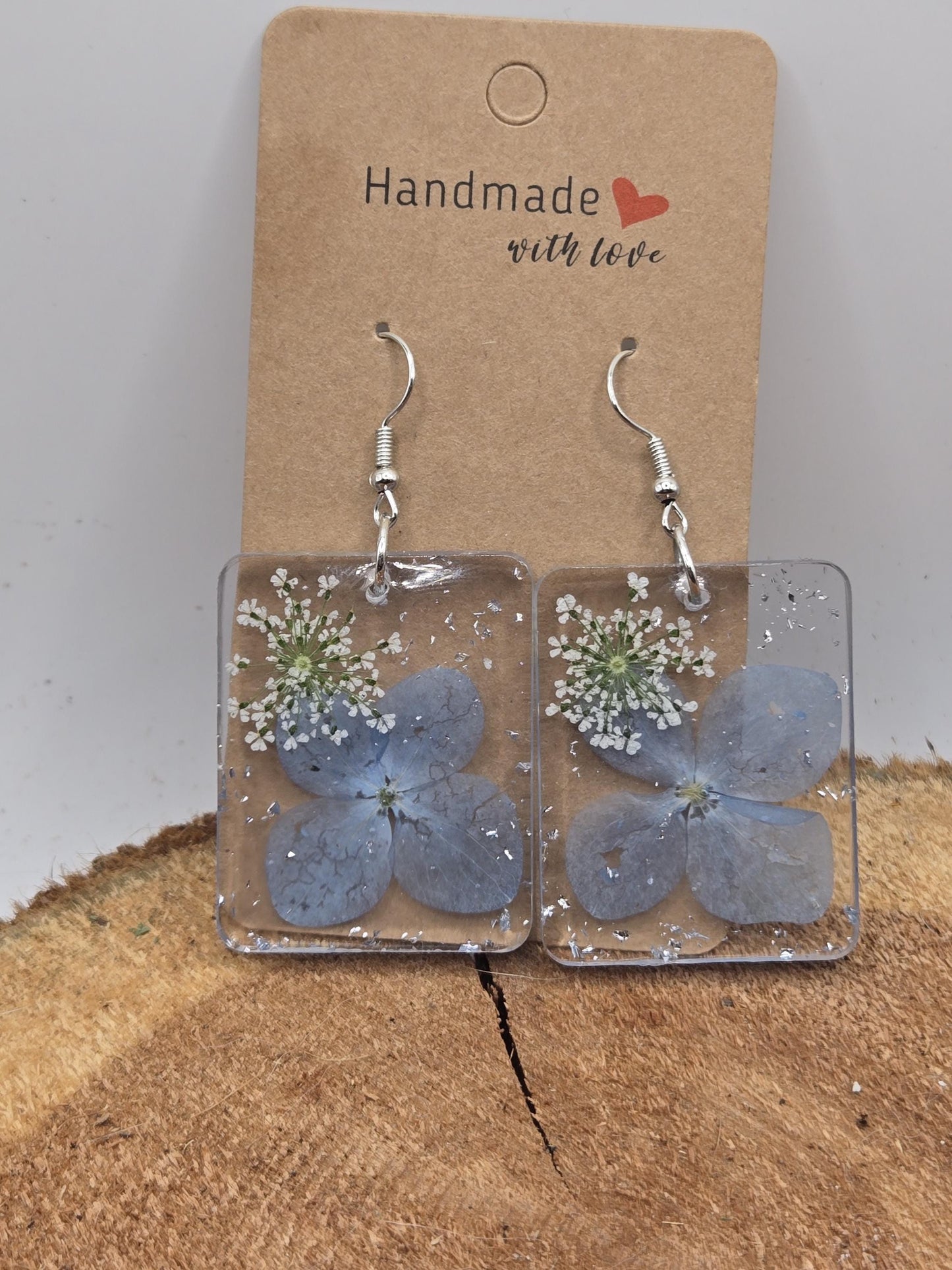 Pressed Hydrangea Resin Earrings – Real Flower Jewelry with Silver Flakes - Blue Tones