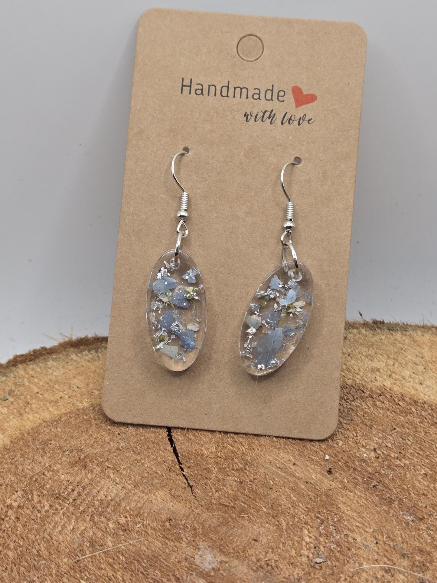 Pressed Hydrangea Resin Earrings – Real Flower Jewelry with Silver Flakes - Blue Tones