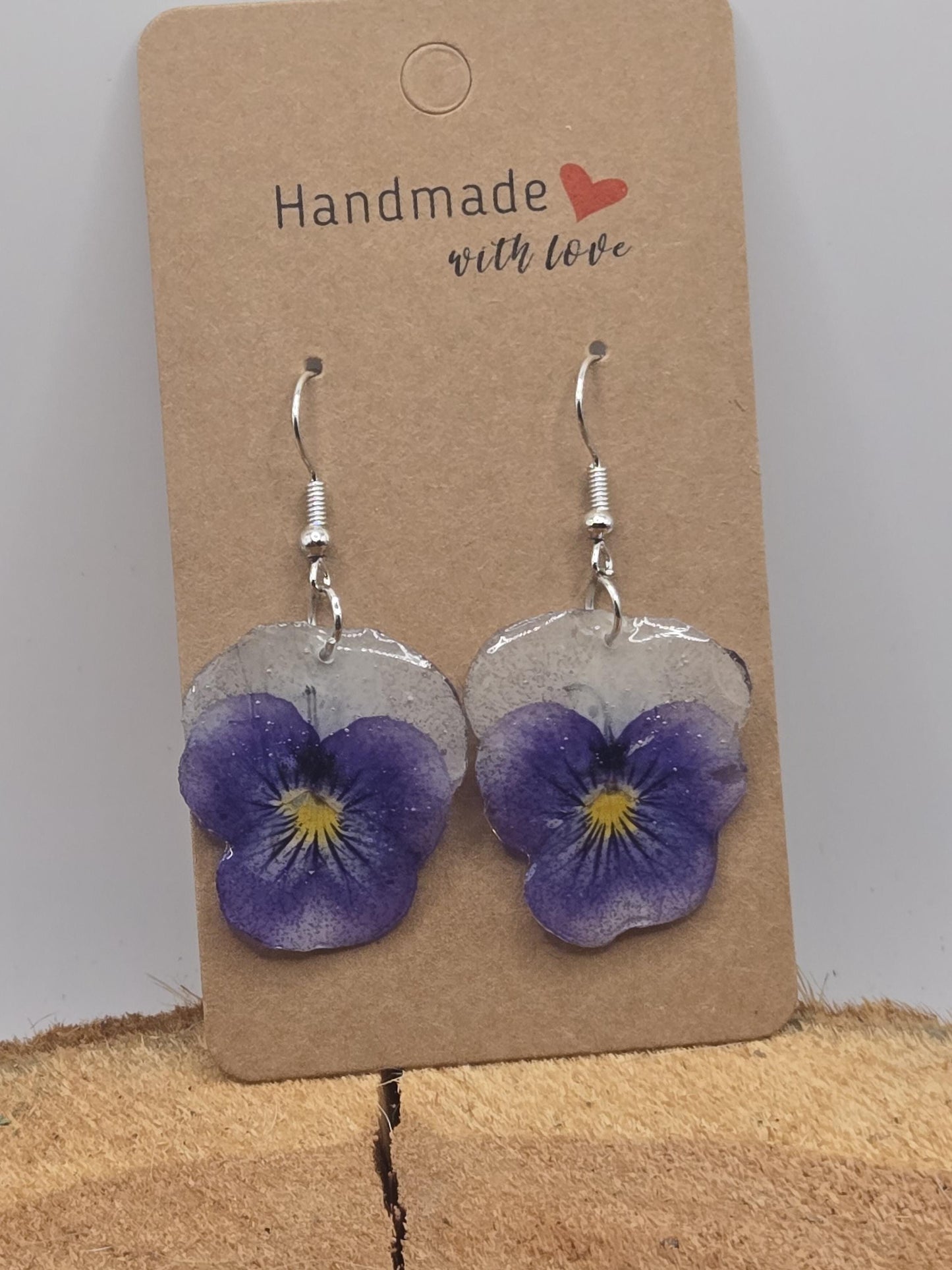 Real Pressed Pansy Flower Dangle Earrings – Two Tone, Botanical Resin Jewelry