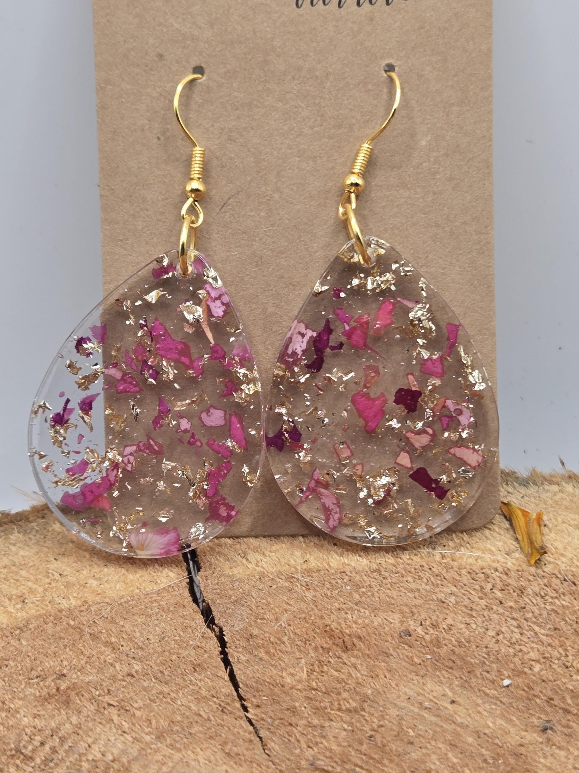 Real Rose Petal Teardrop Earrings with Gold Flakes | Botanical Resin Jewelry with Meaning